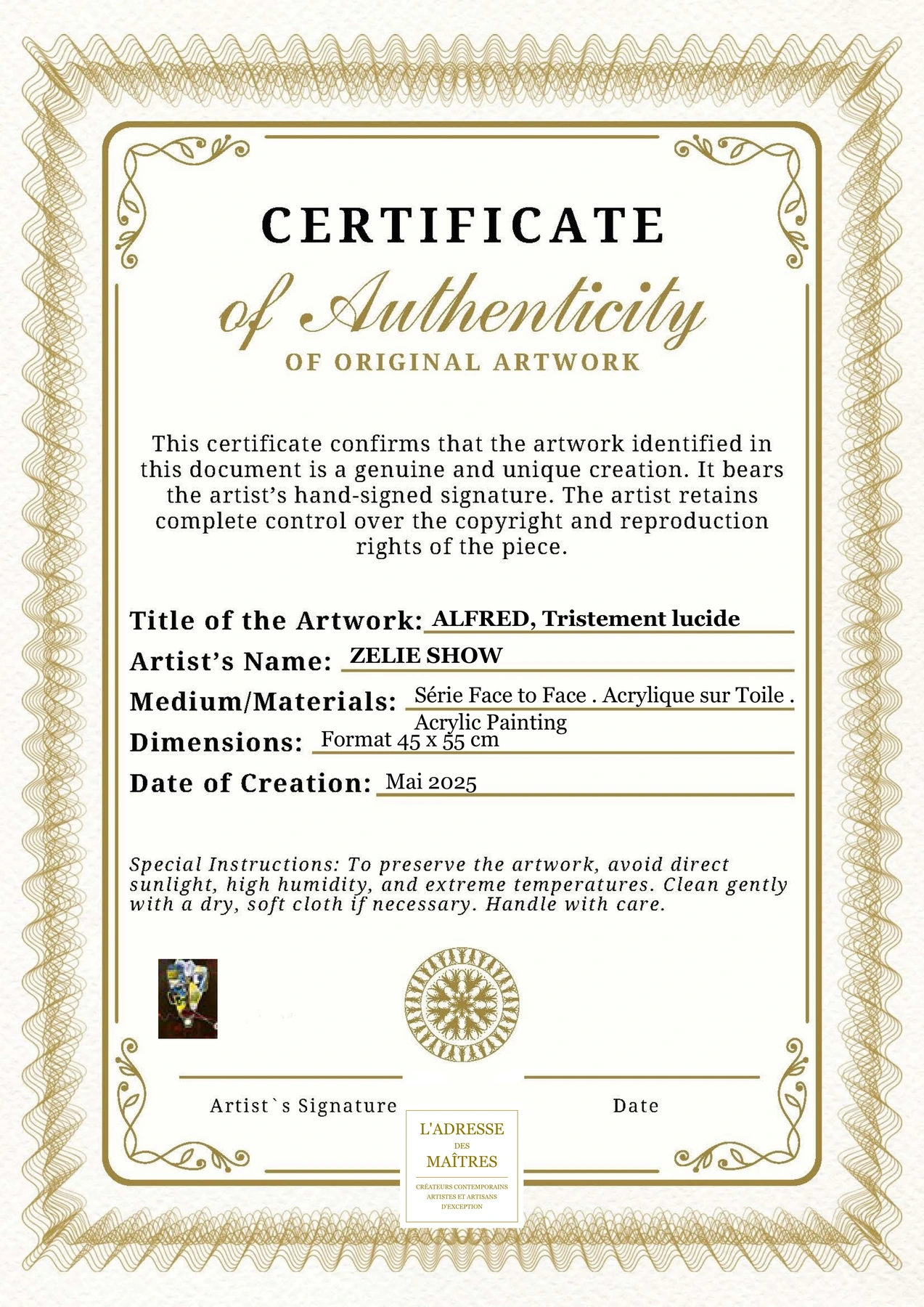 Certificat d'authenticité - ALFRED, Tristement lucide - ZELIE SHOW