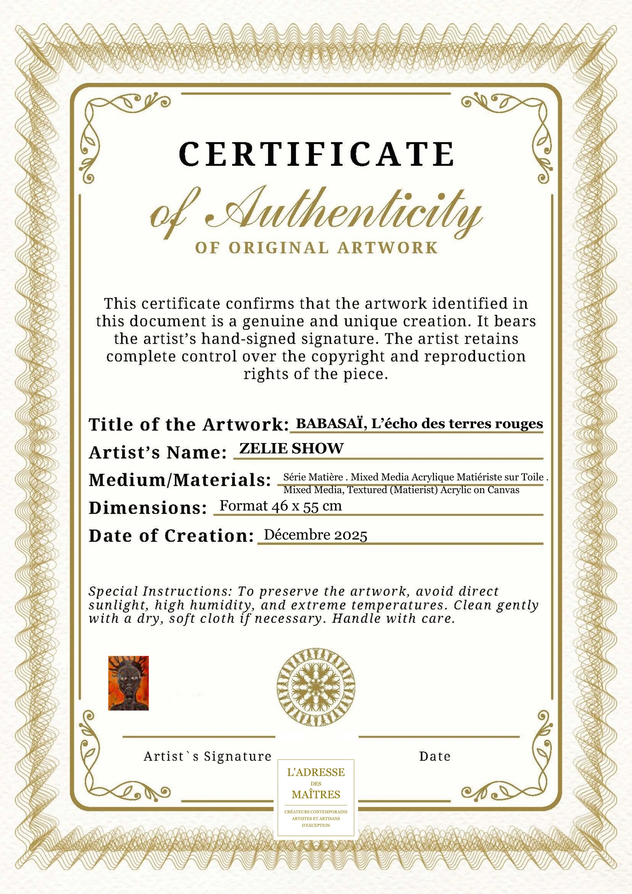Certificat d'authenticité - BABASAÏ, L’écho des terres rouges - ZELIE SHOW