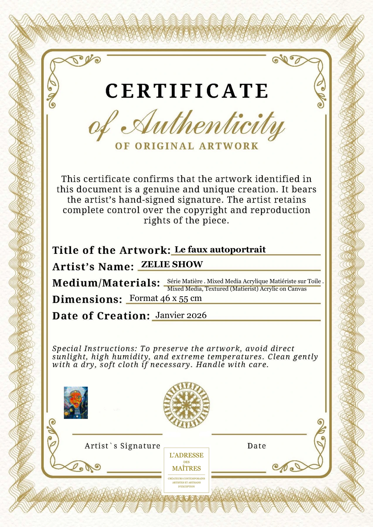Certificat d'authenticité - Le faux autoportrait - ZELIE SHOW
