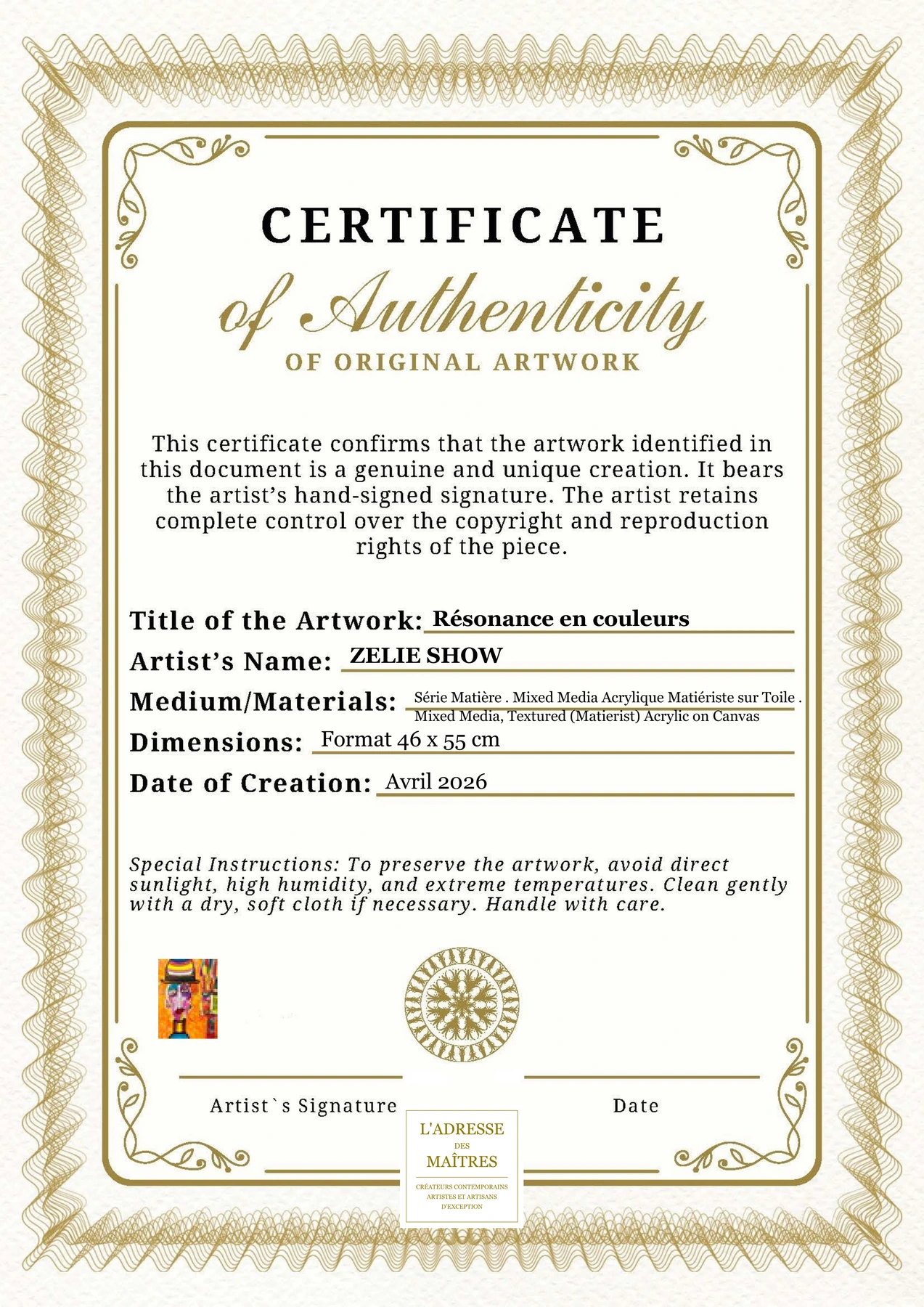 Certificat d'authenticité - Résonance en couleurs - ZELIE SHOW