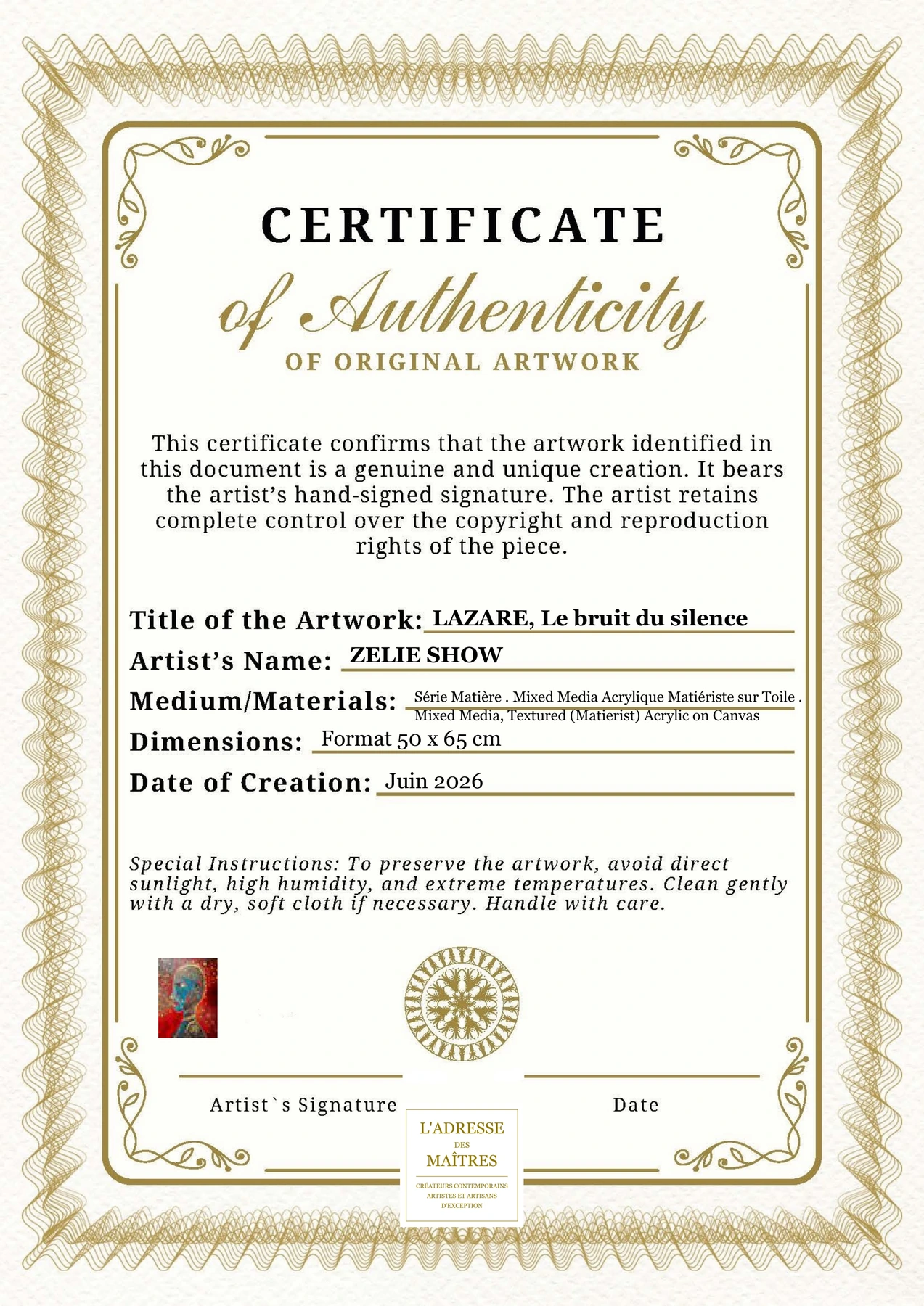 Certificat d'authenticité - LAZARE, Le bruit du silence - ZELIE SHOW