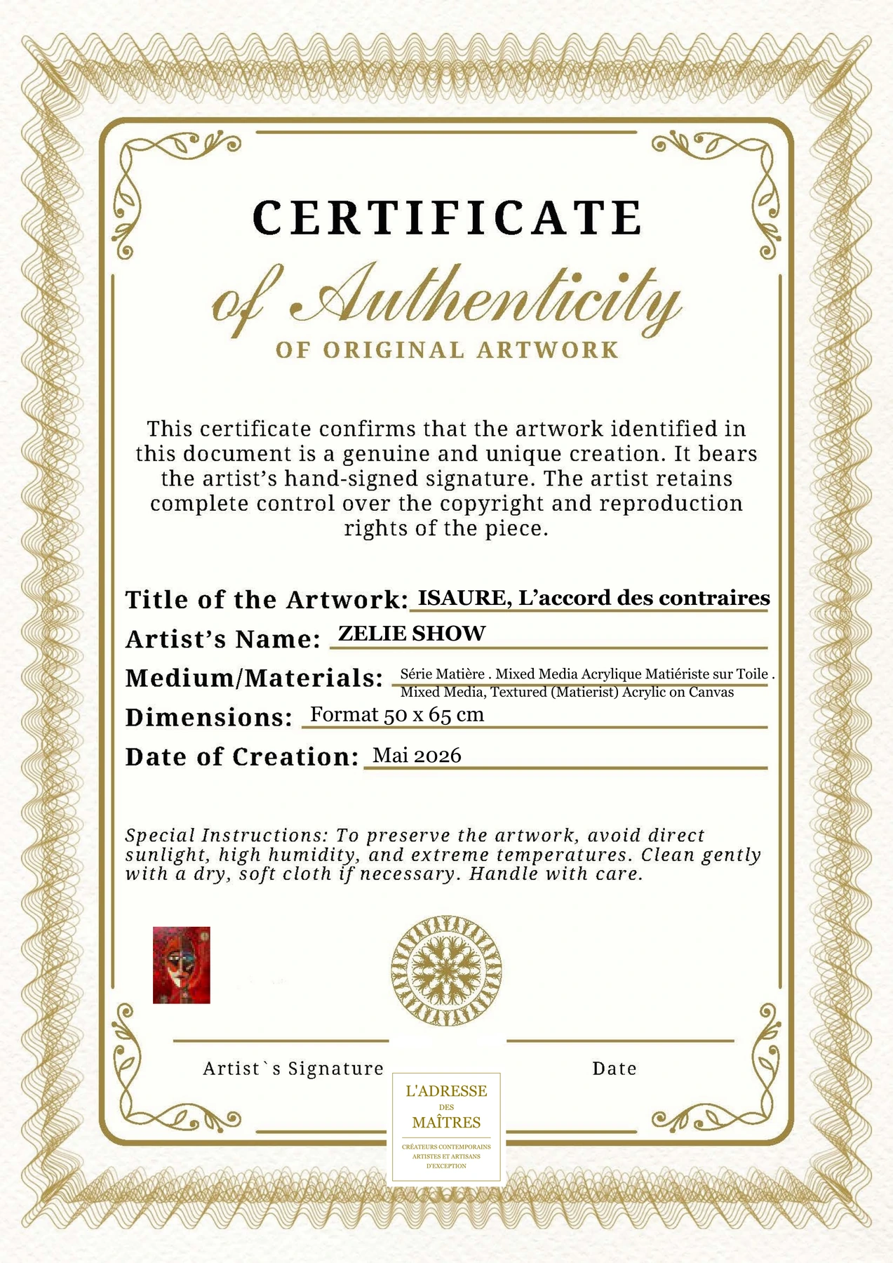 Certificat d'authenticité - ISAURE, L’accord des contraires - ZELIE SHOW