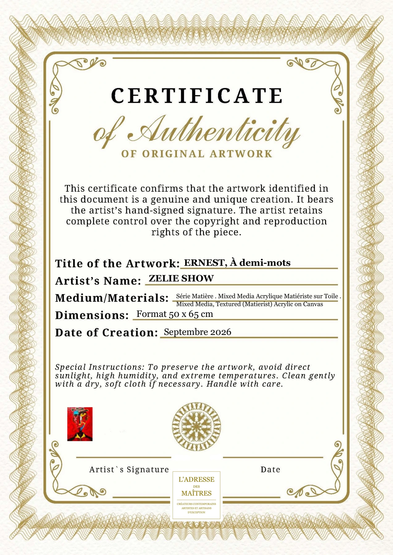 Certificat d'authenticité - ERNEST, À demi-mots - ZELIE SHOW