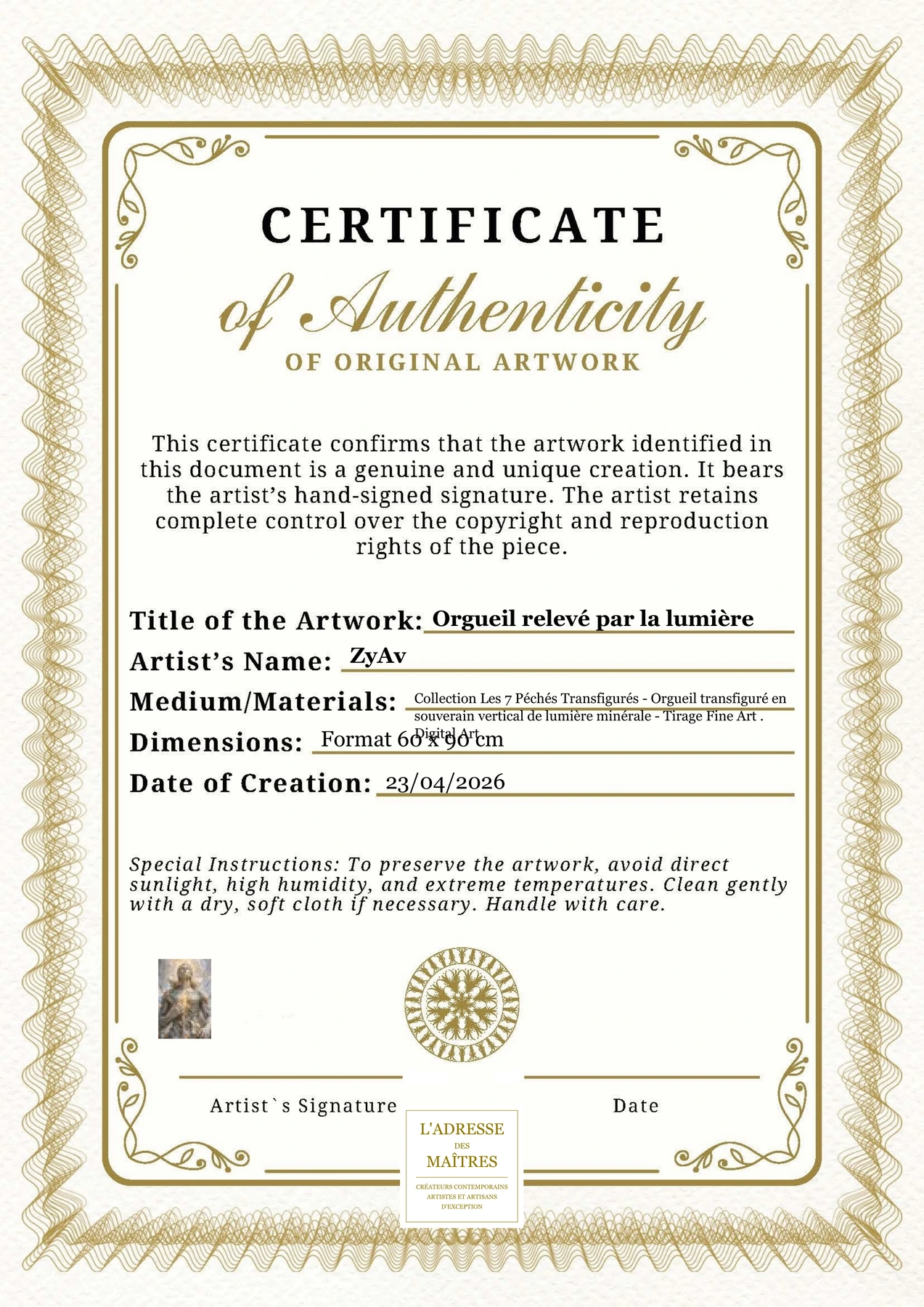 Certificat d'authenticité — Orgueil relevé par la lumière — ZyAv