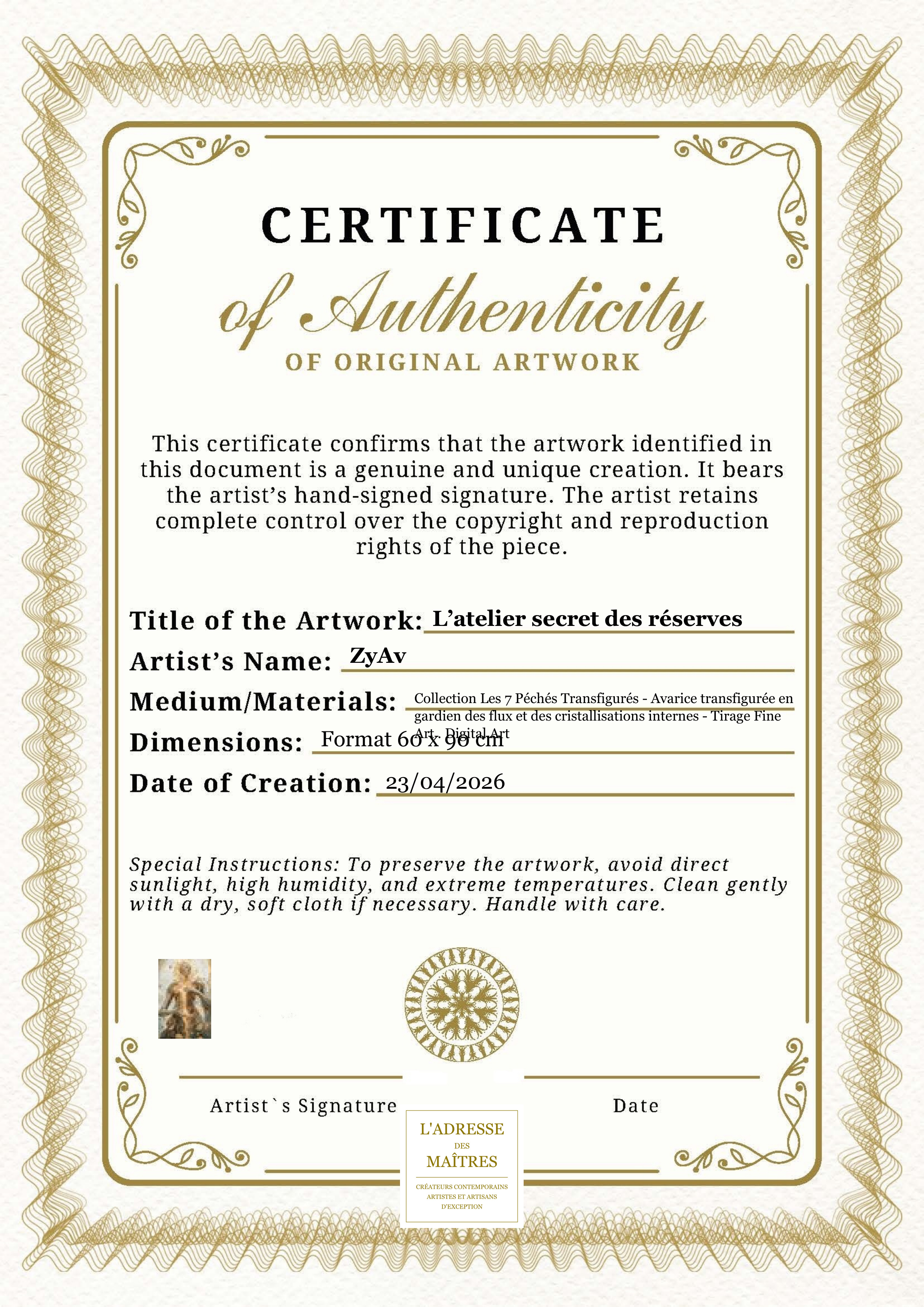 Certificat d'authenticité — L’atelier secret des réserves — ZyAv