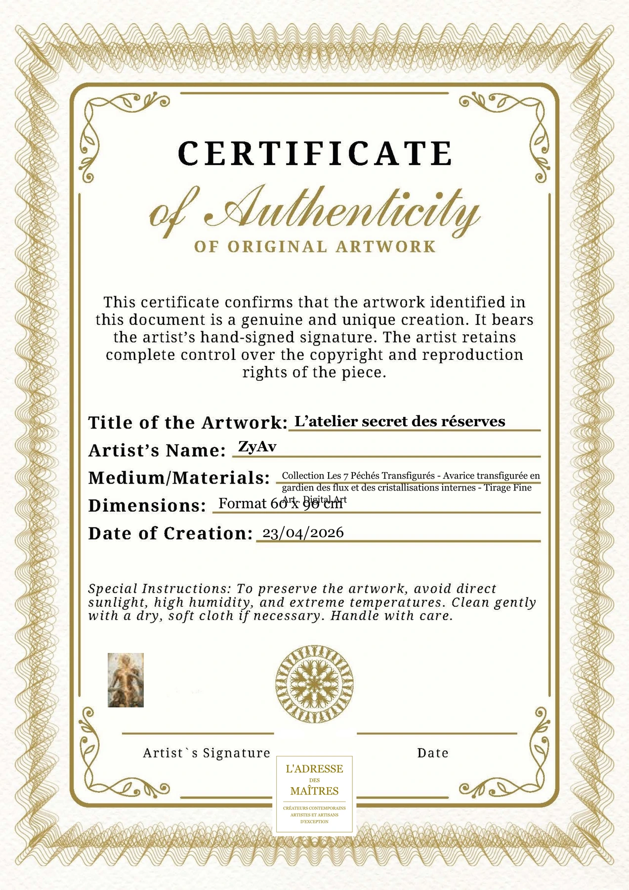 Certificat d'authenticité — L’atelier secret des réserves — ZyAv