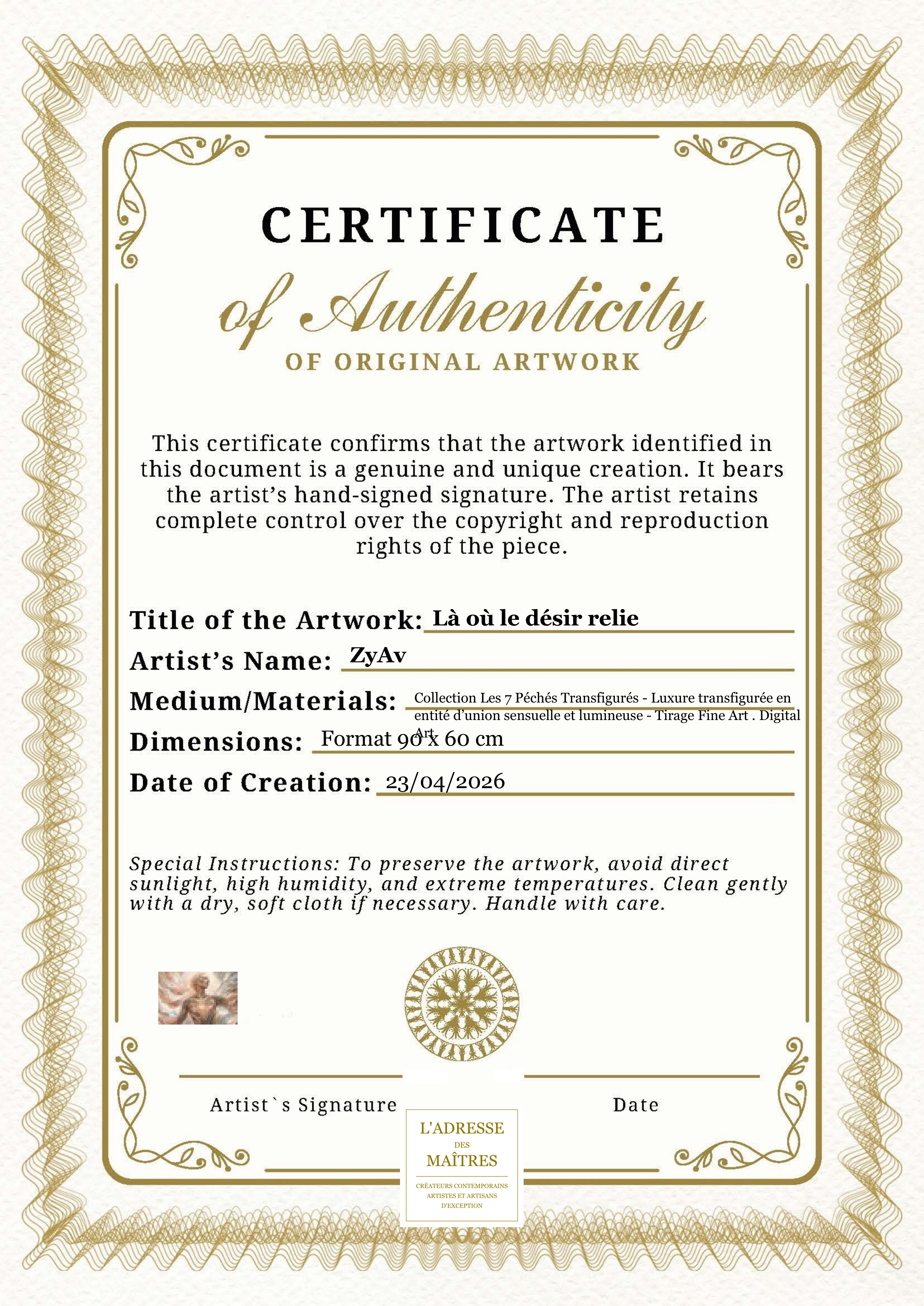 Certificat d'authenticité — Là où le désir relie — ZyAv