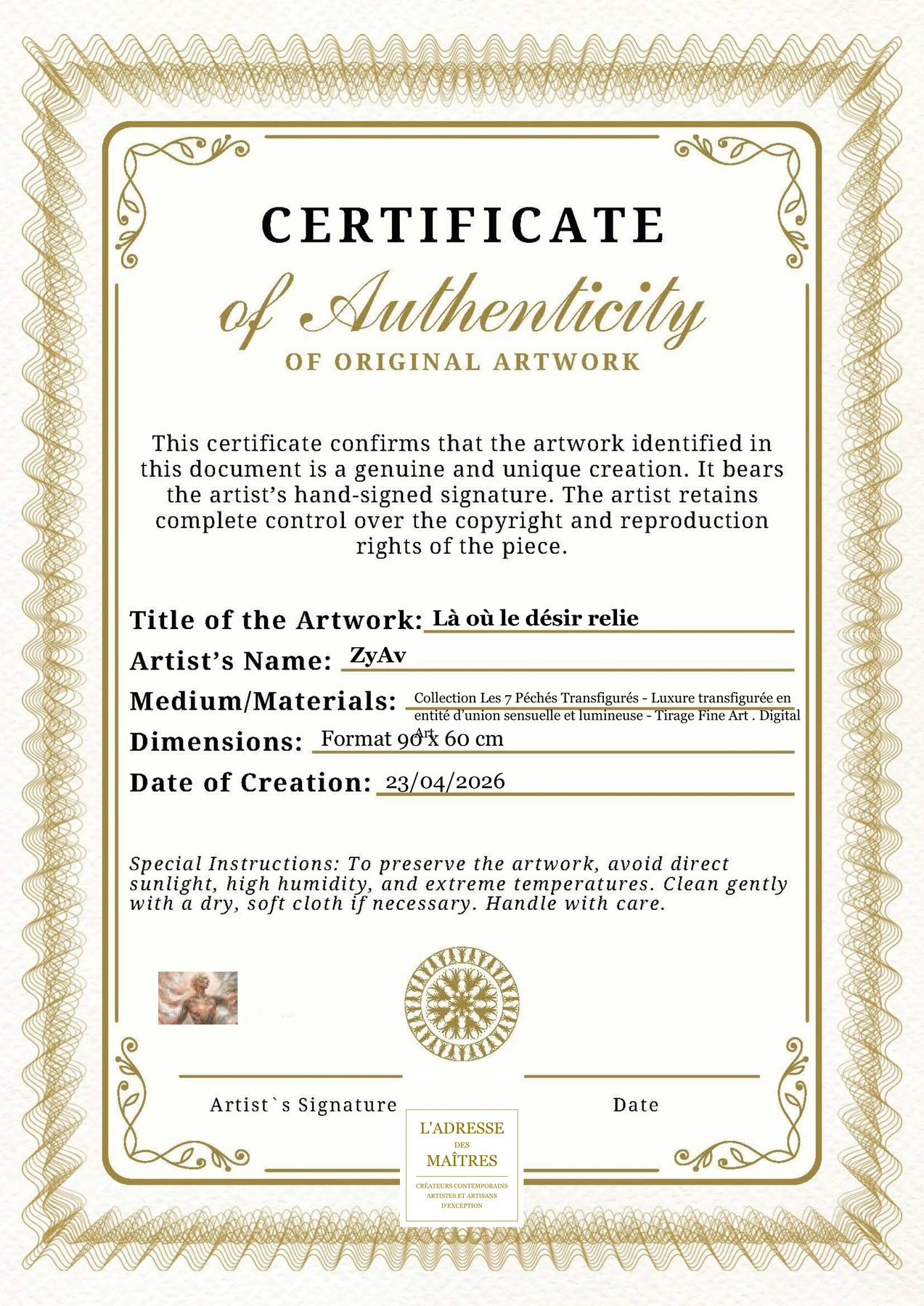 Certificat d'authenticité — Là où le désir relie — ZyAv