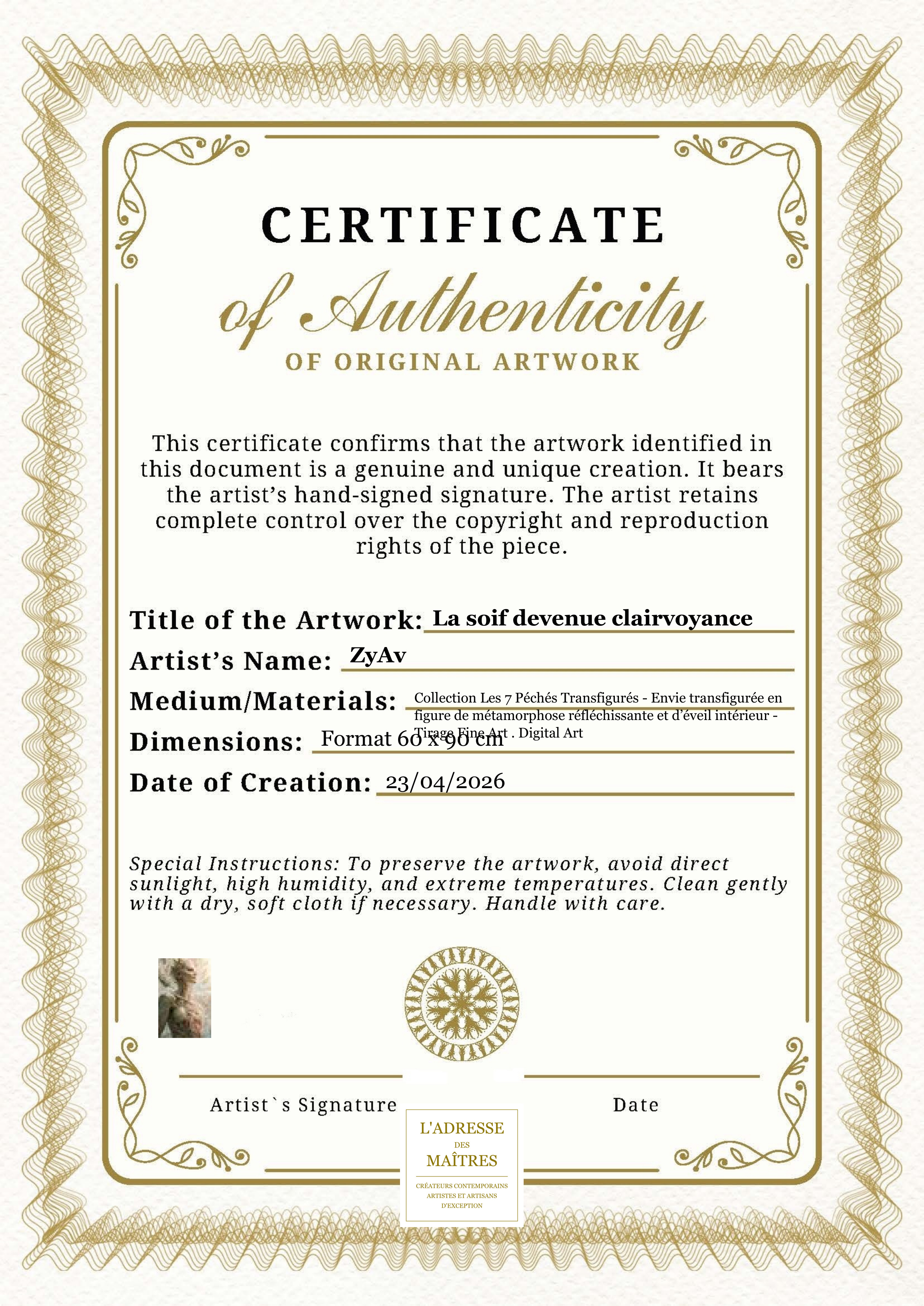 Certificat d'authenticité — La soif devenue clairvoyance — ZyAv