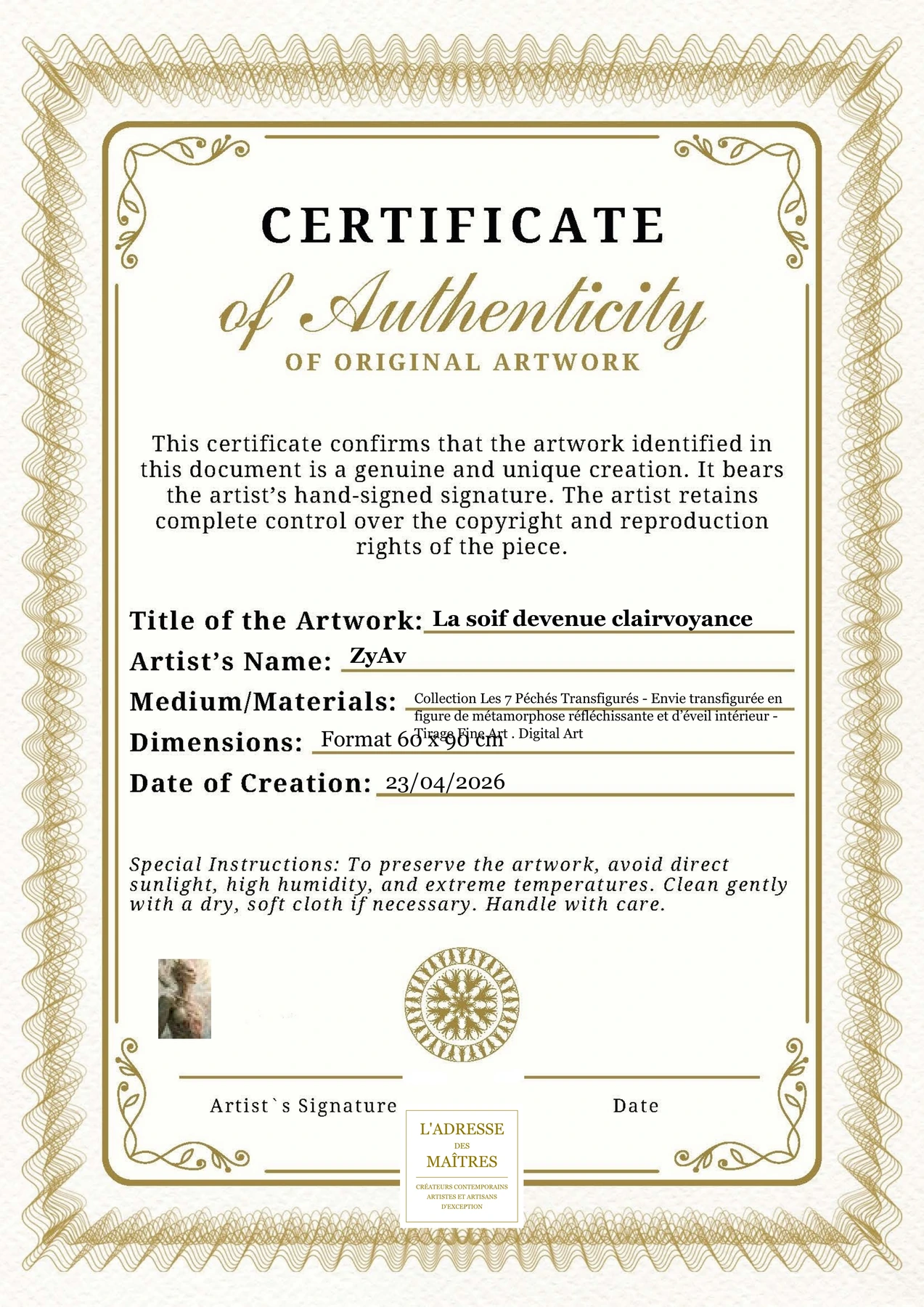 Certificat d'authenticité — La soif devenue clairvoyance — ZyAv