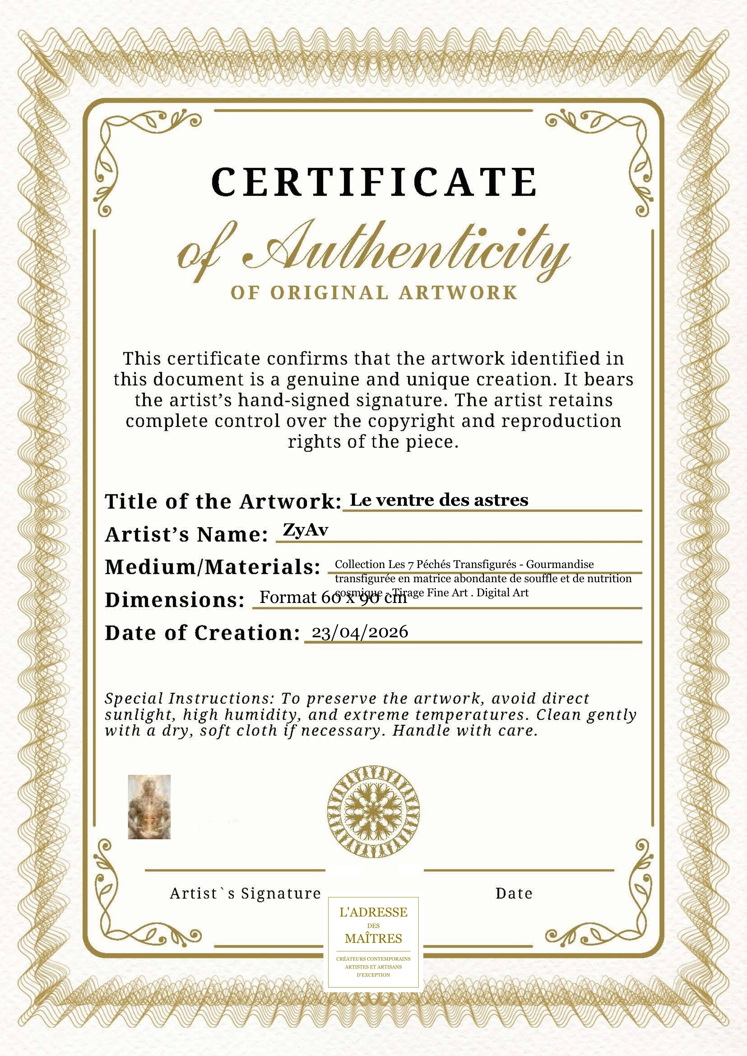 Certificat d'authenticité — Le ventre des astres — ZyAv