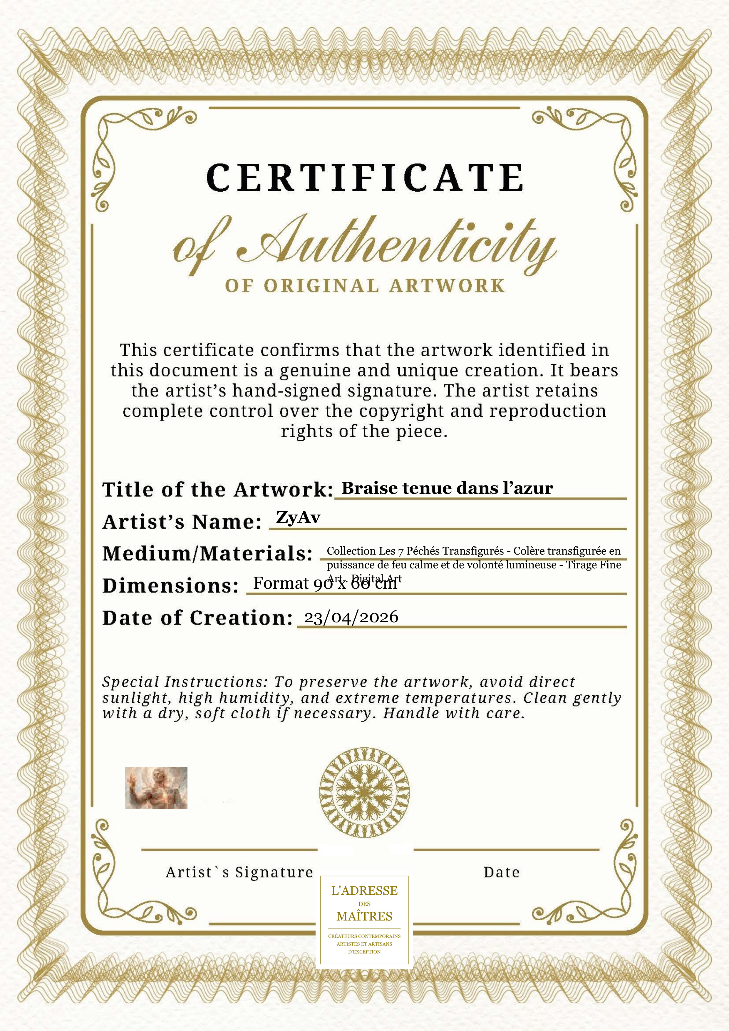 Certificat d'authenticité — Braise tenue dans l’azur — ZyAv