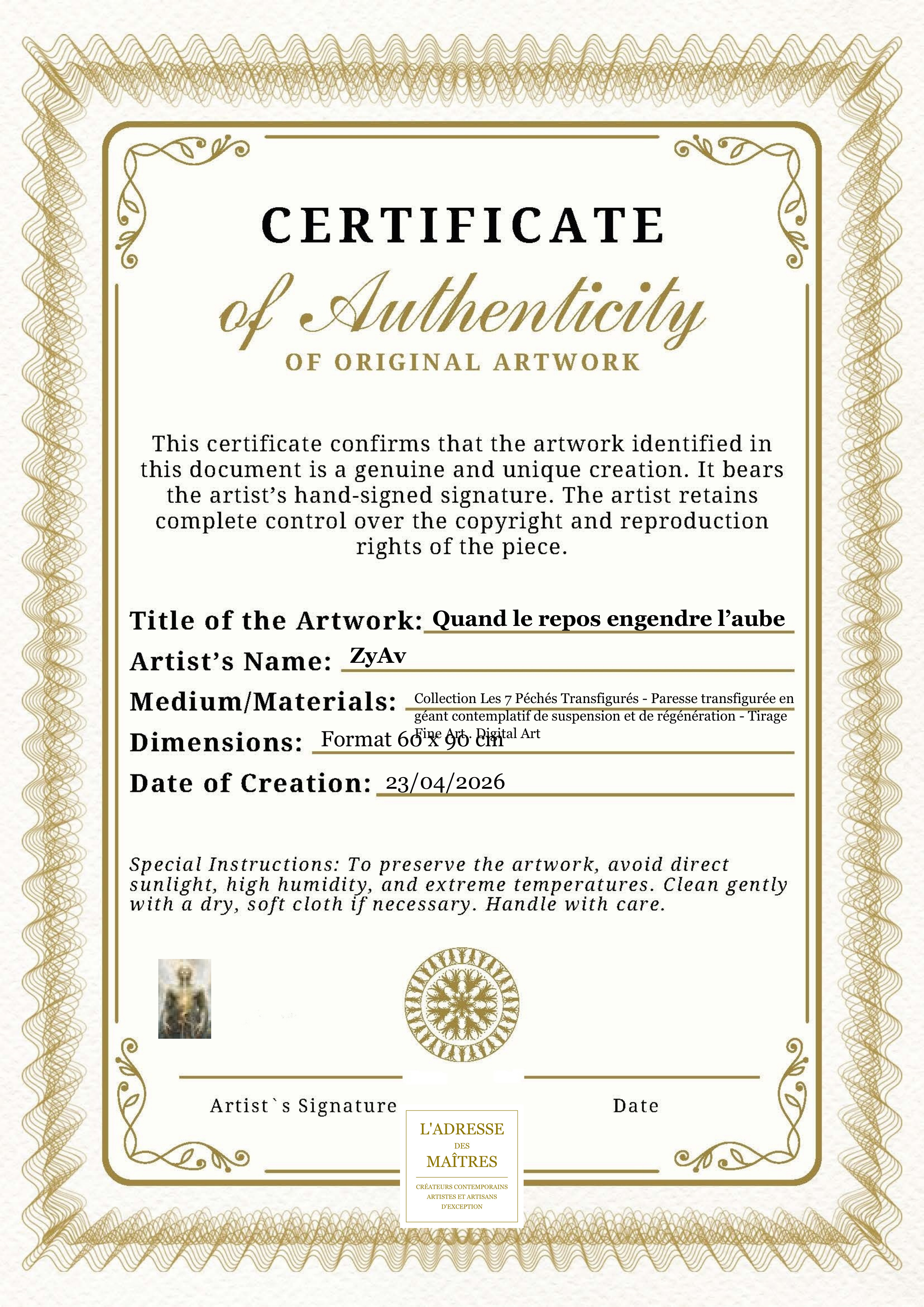 Certificat d'authenticité — Quand le repos engendre l’aube — ZyAv