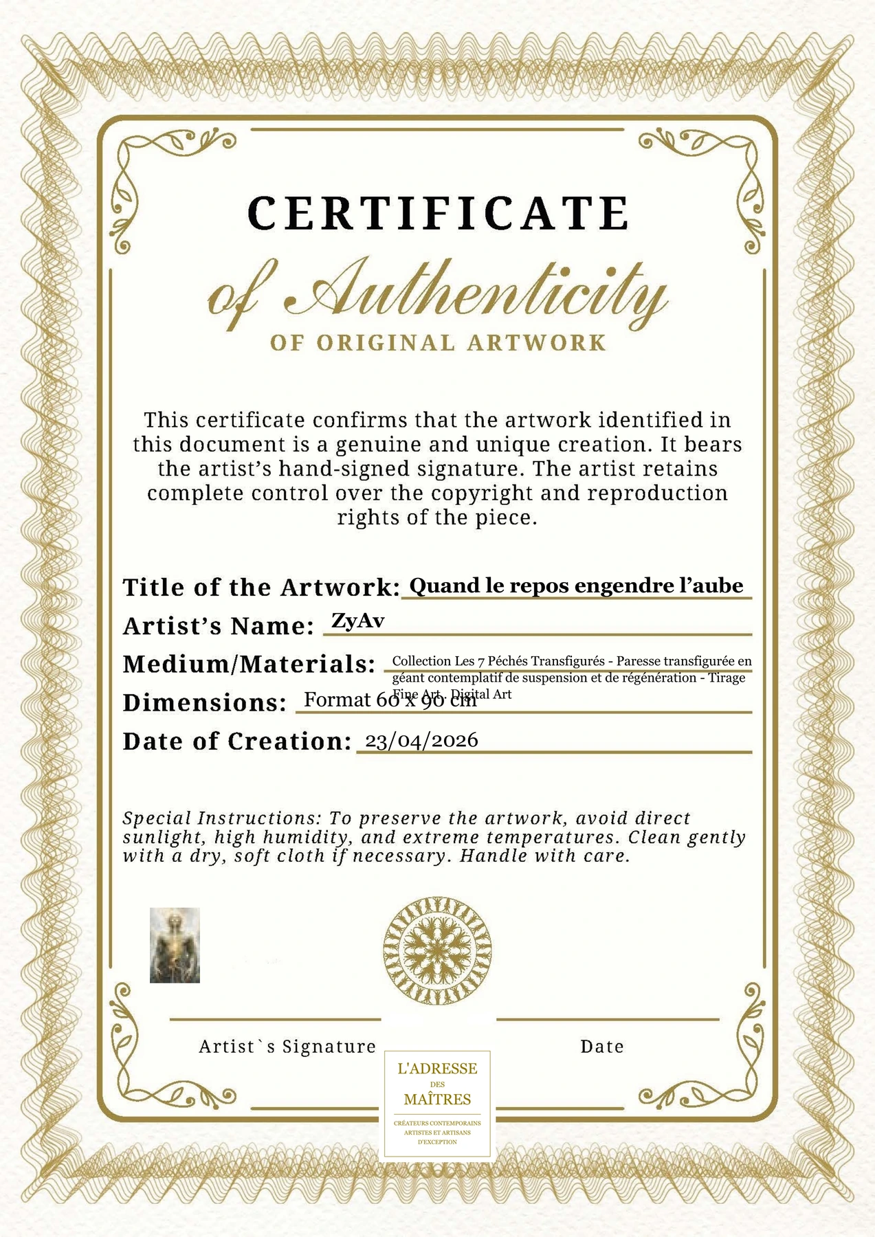 Certificat d'authenticité — Quand le repos engendre l’aube — ZyAv
