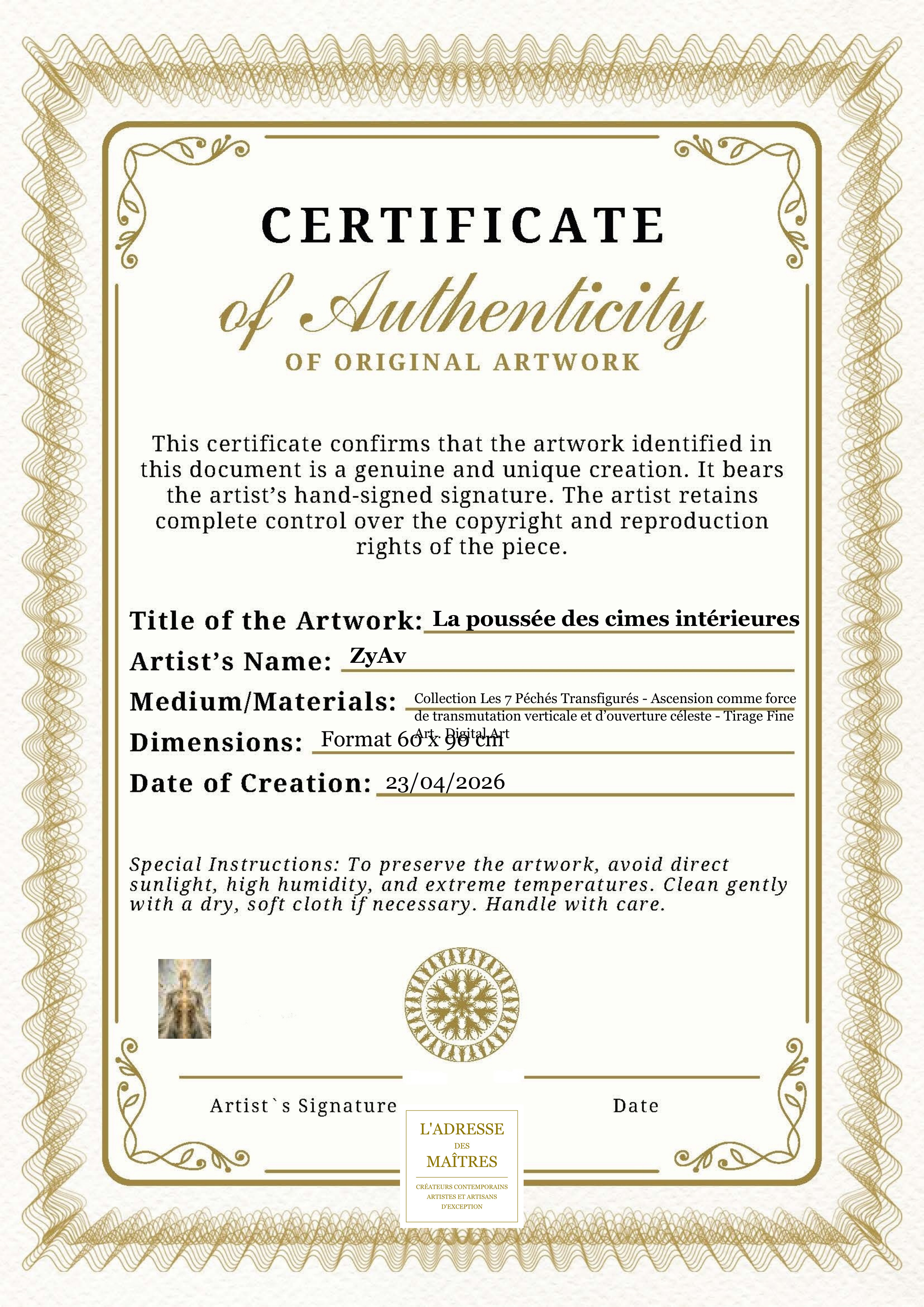 Certificat d'authenticité — La poussée des cimes intérieures — ZyAv