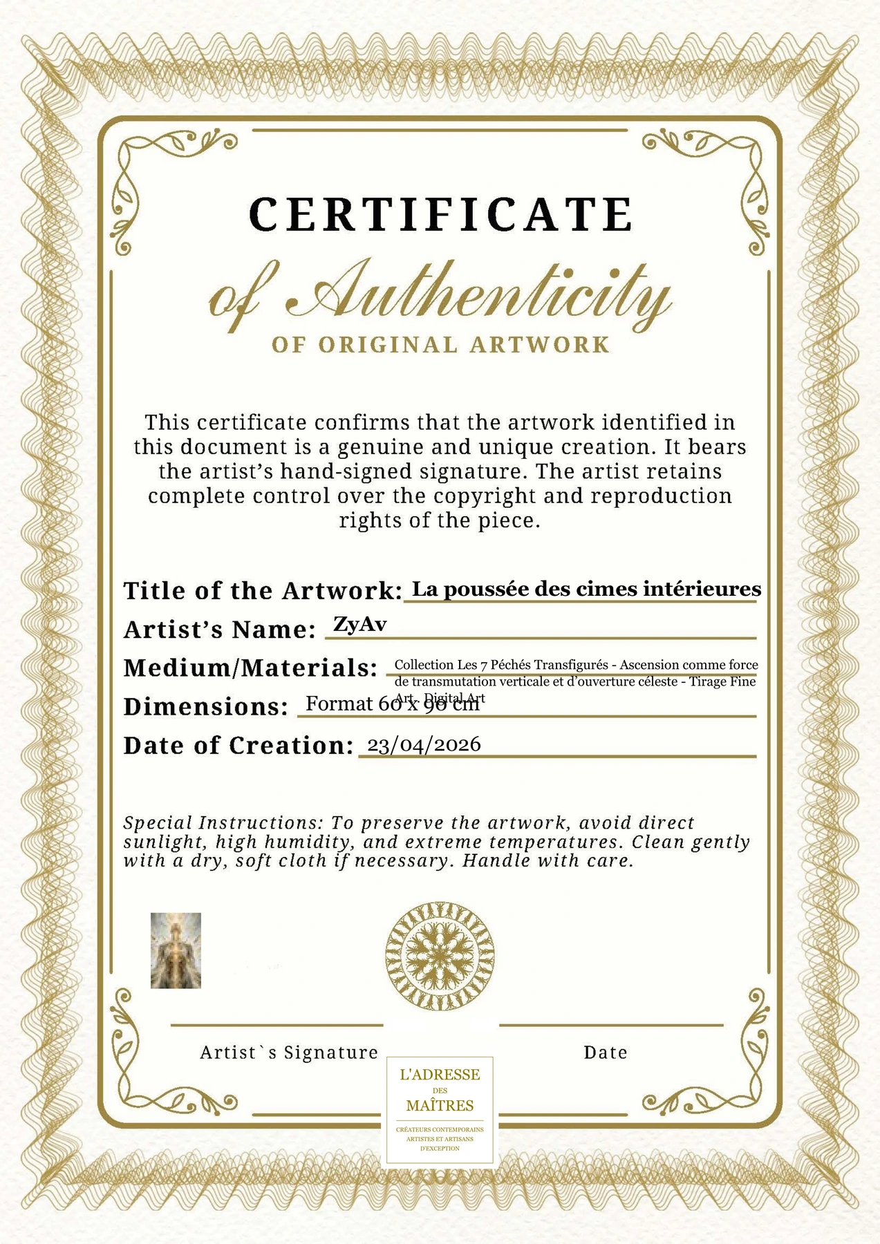 Certificat d'authenticité — La poussée des cimes intérieures — ZyAv