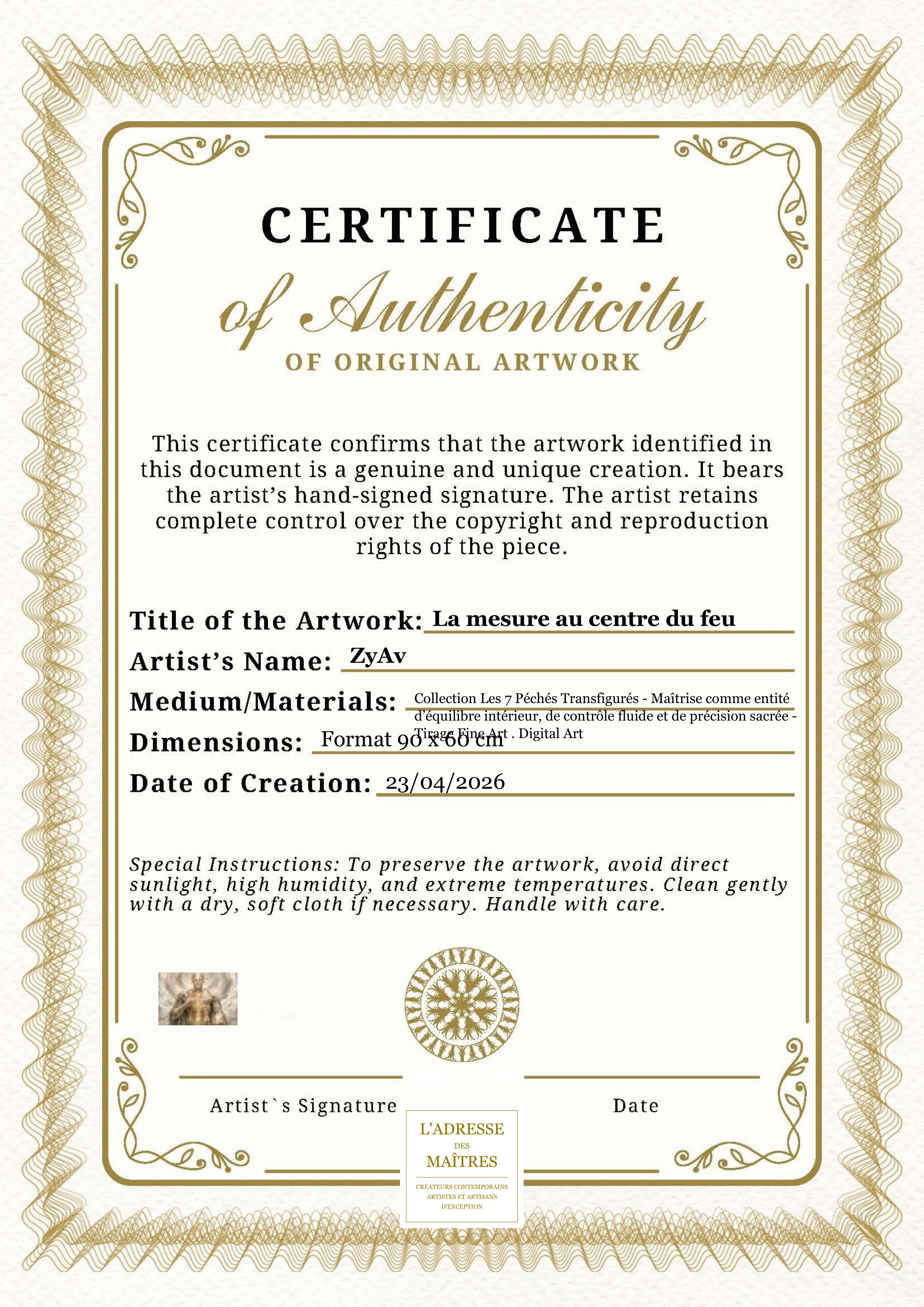 Certificat d'authenticité — La mesure au centre du feu — ZyAv