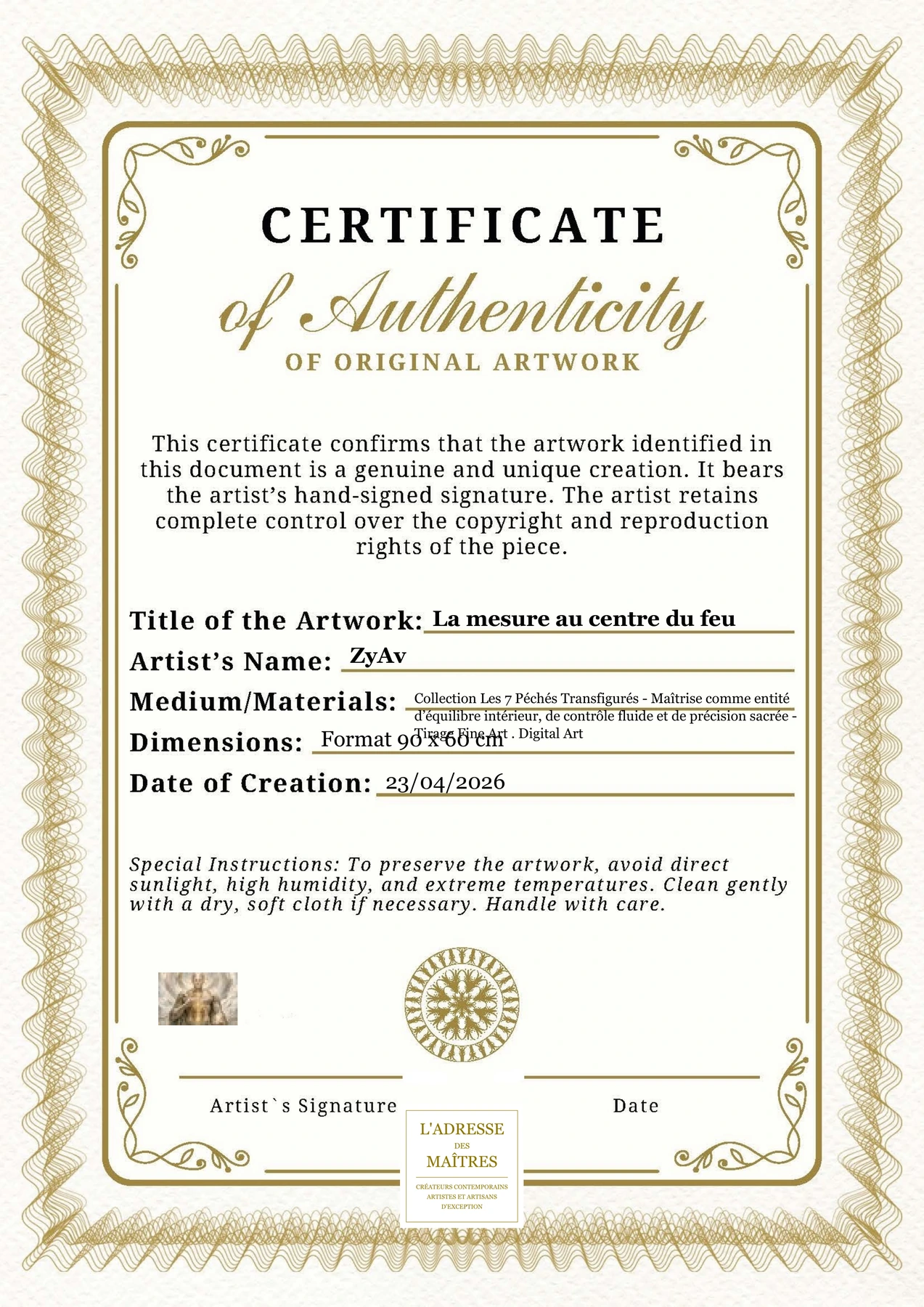 Certificat d'authenticité — La mesure au centre du feu — ZyAv