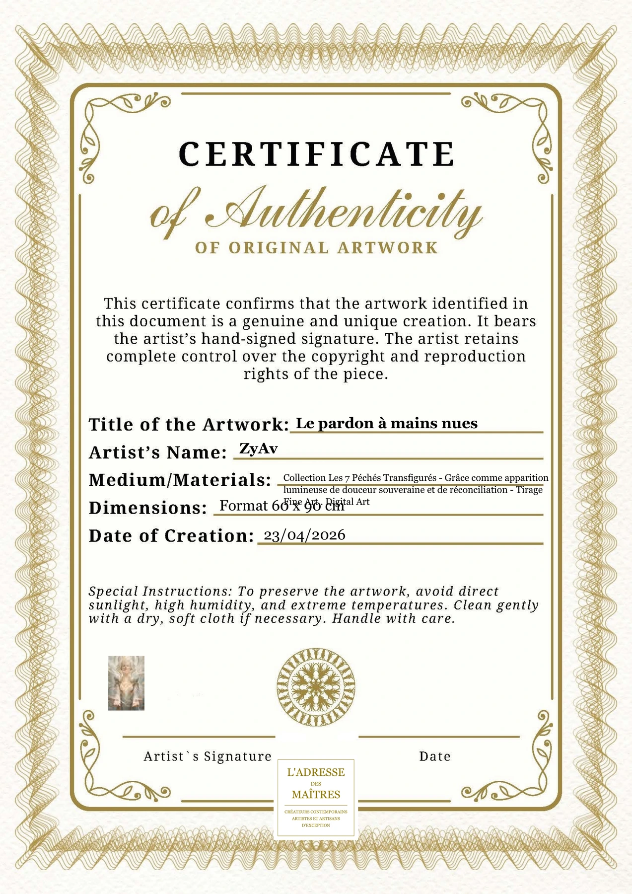 Certificat d'authenticité — Le pardon à mains nues — ZyAv
