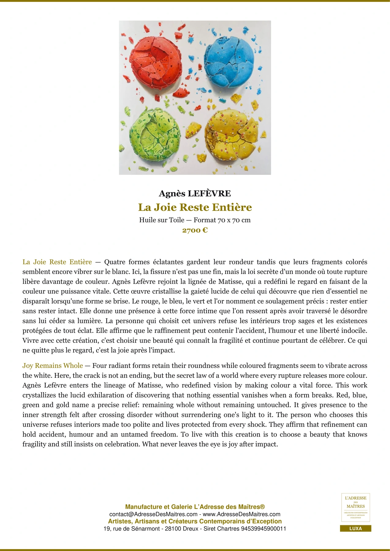 Fiche Premium — La Joie Reste Entière — Agnès LEFÈVRE — L'Adresse des Maîtres®