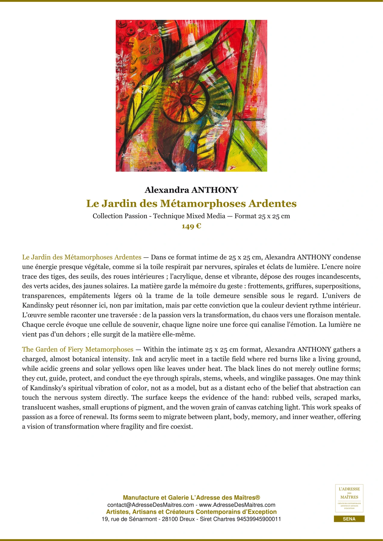 Fiche Premium - Le Jardin des Métamorphoses Ardentes - Alexandra ANTHONY - L'Adresse des Maîtres®