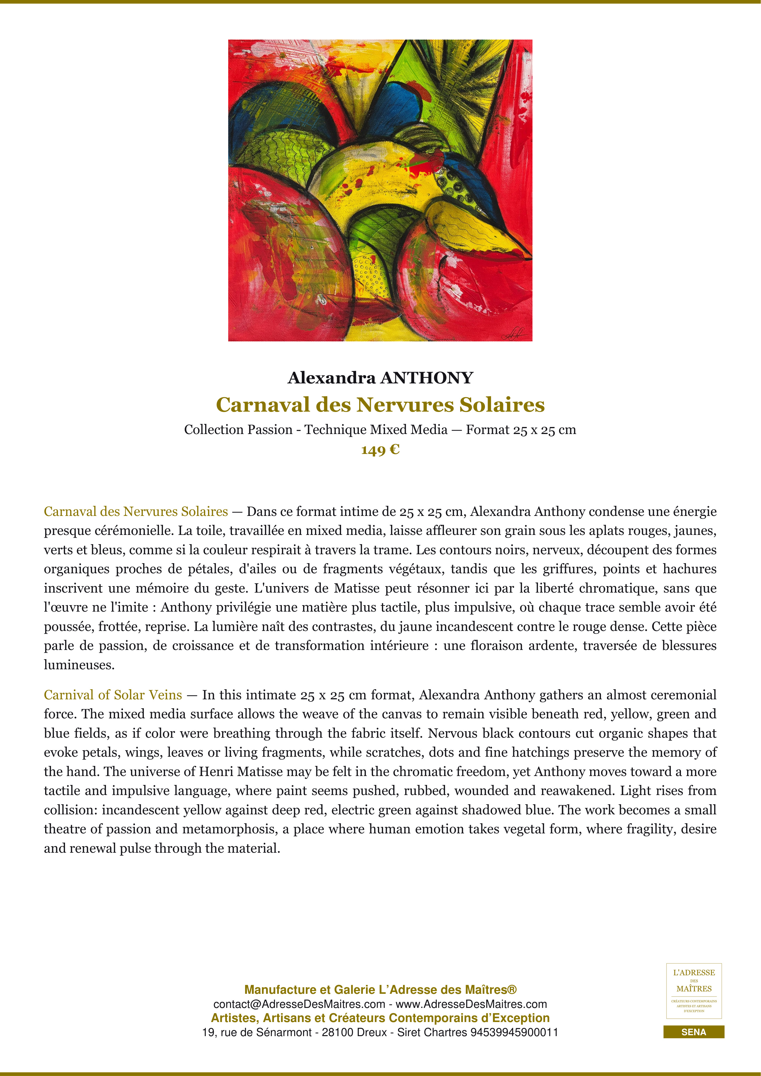 Fiche Premium — Carnaval des Nervures Solaires — Alexandra ANTHONY — L'Adresse des Maîtres®