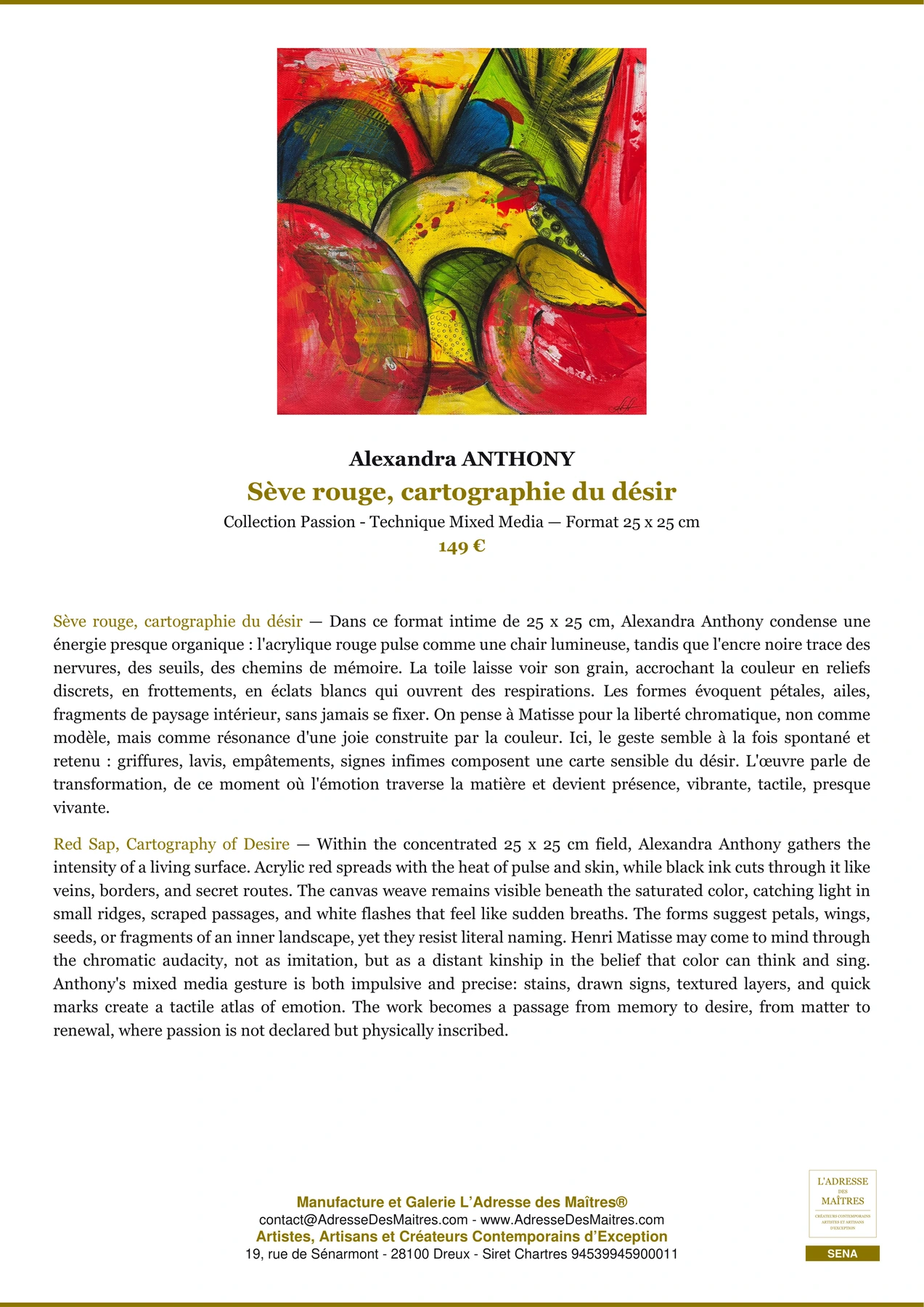 Fiche Premium - Sève rouge, cartographie du désir - Alexandra ANTHONY - L'Adresse des Maîtres®