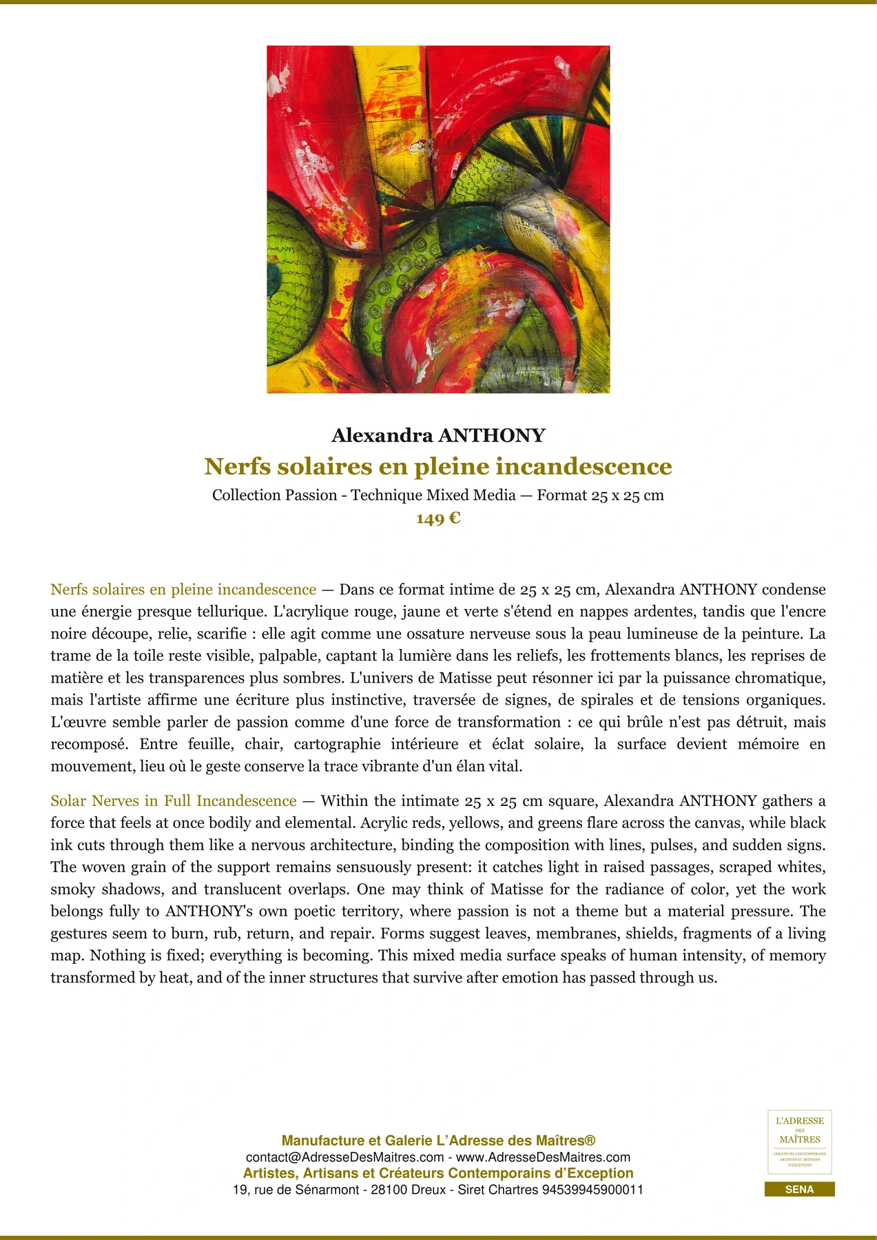 Fiche Premium - Nerfs solaires en pleine incandescence - Alexandra ANTHONY - L'Adresse des Maîtres®