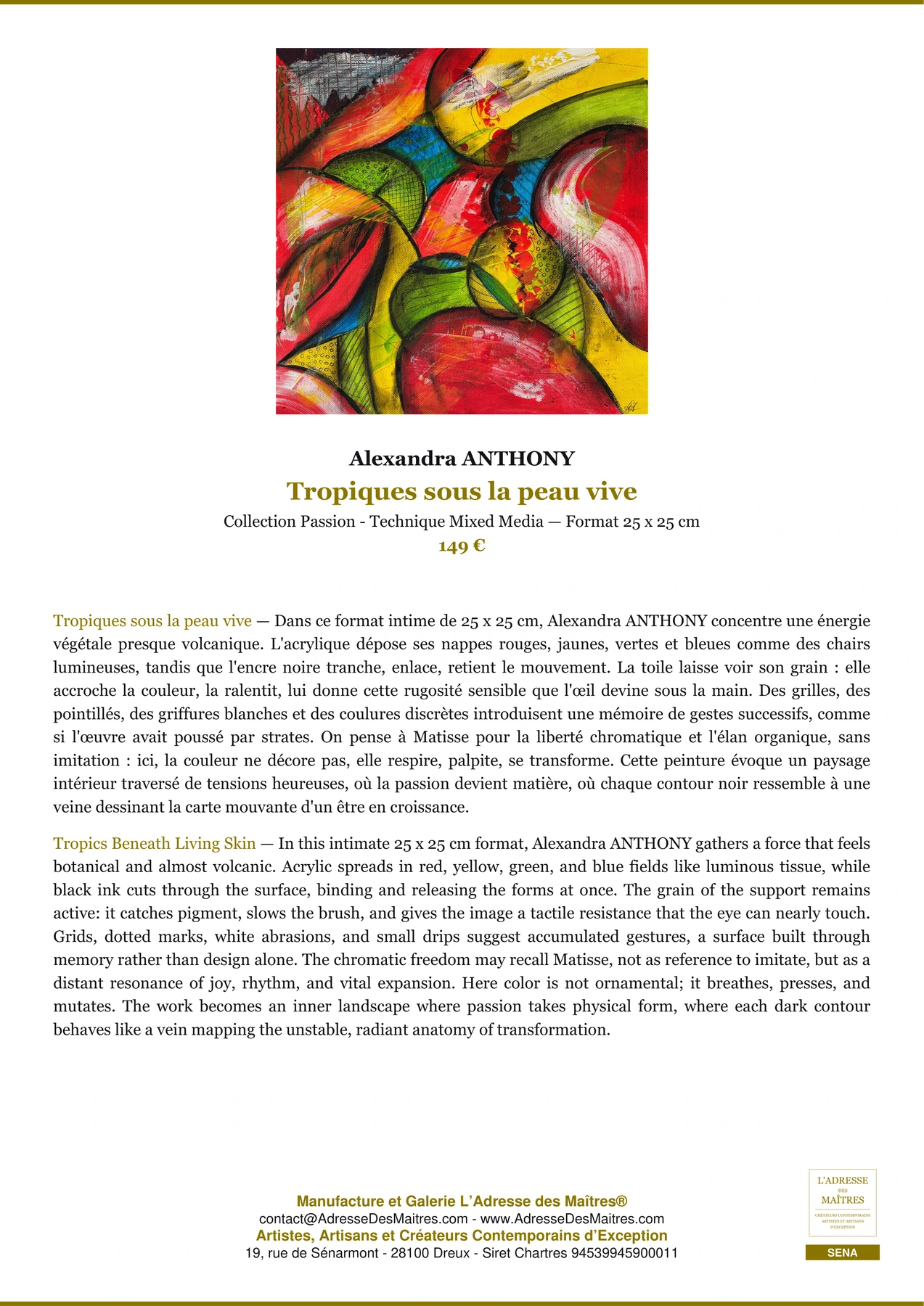Fiche Premium - Tropiques sous la peau vive - Alexandra ANTHONY - L'Adresse des Maîtres®