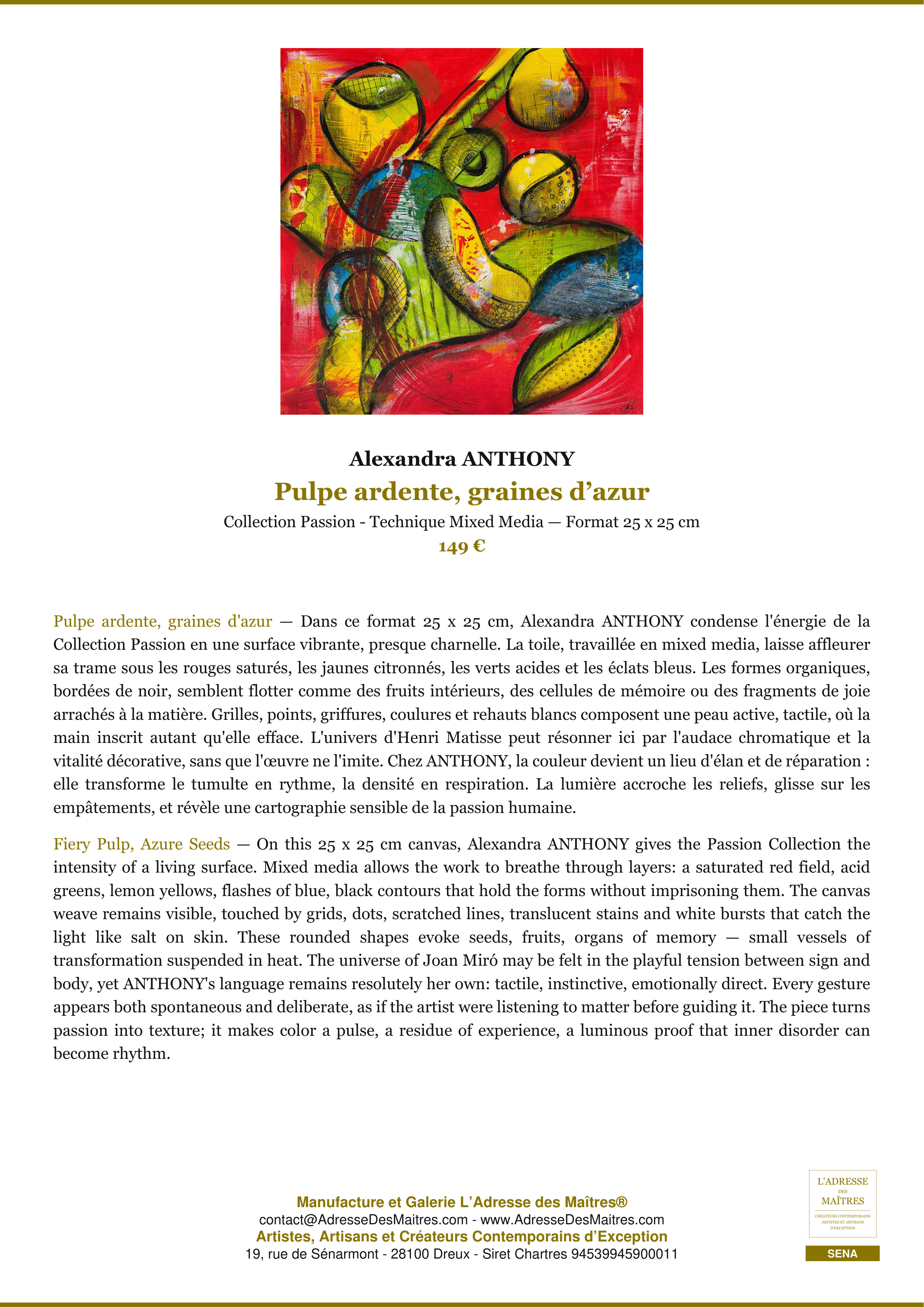 Fiche Premium — Pulpe ardente, graines d’azur — Alexandra ANTHONY — L'Adresse des Maîtres®