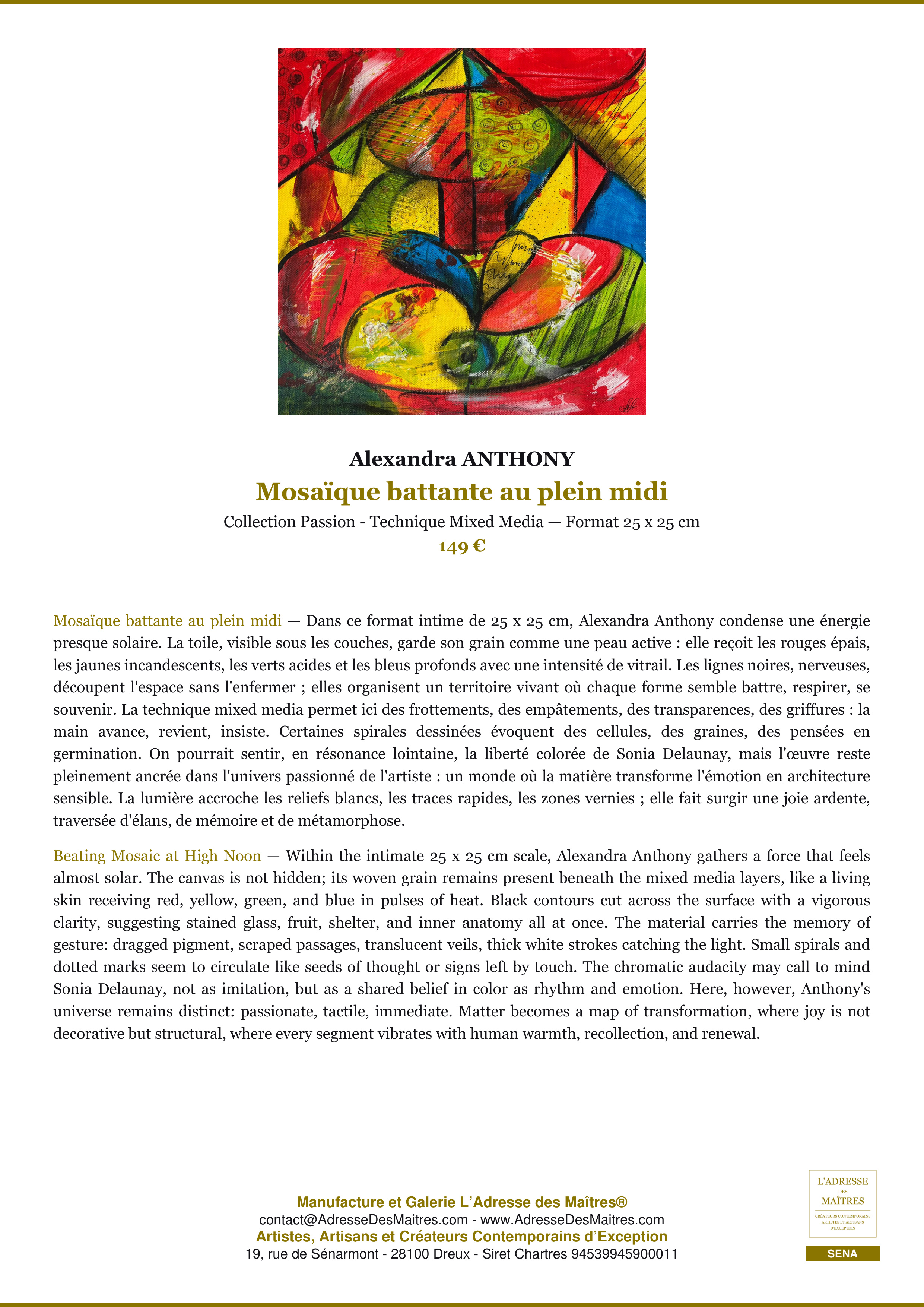 Fiche Premium — Mosaïque battante au plein midi — Alexandra ANTHONY — L'Adresse des Maîtres®