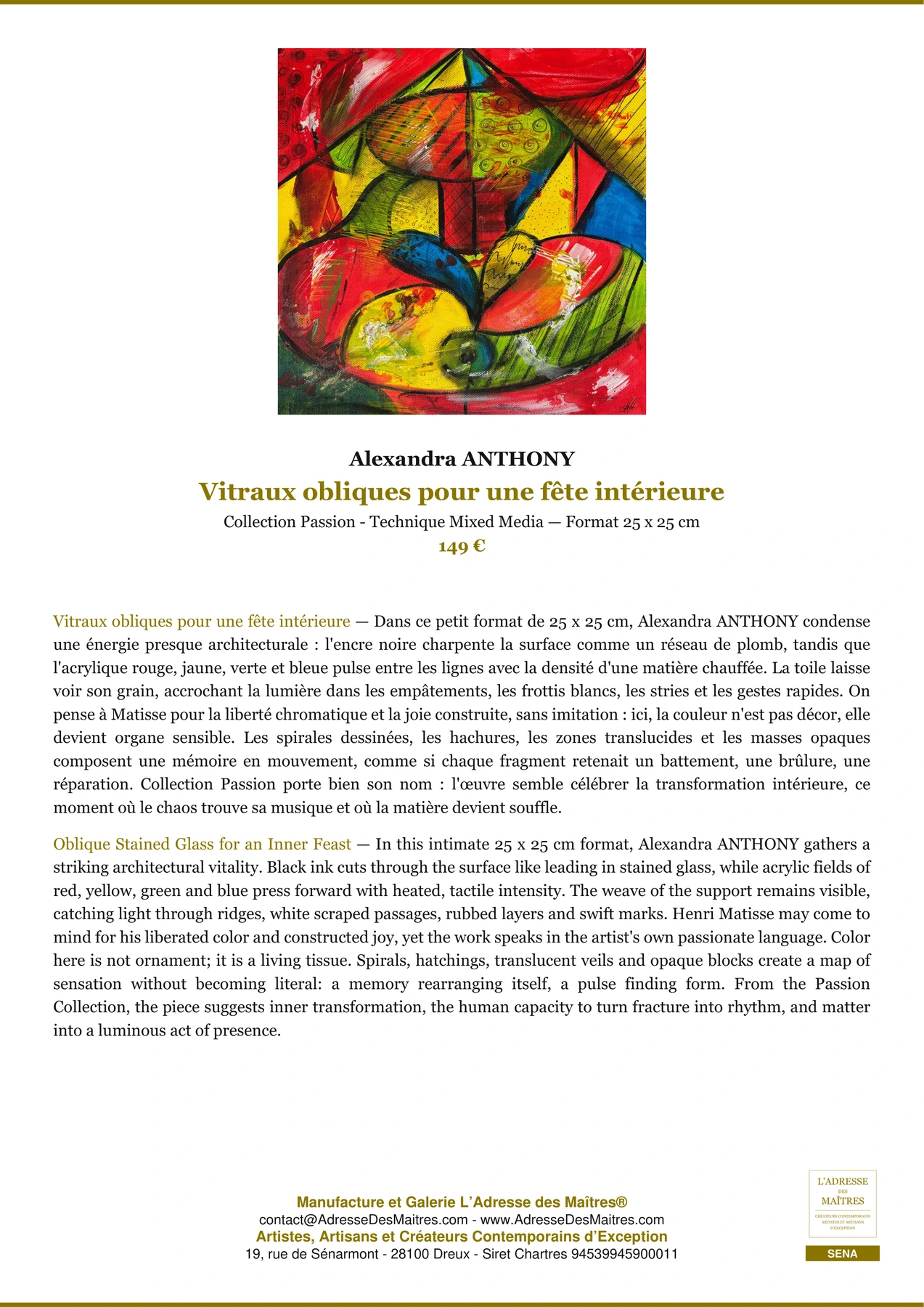 Fiche Premium - Vitraux obliques pour une fête intérieure - Alexandra ANTHONY - L'Adresse des Maîtres®