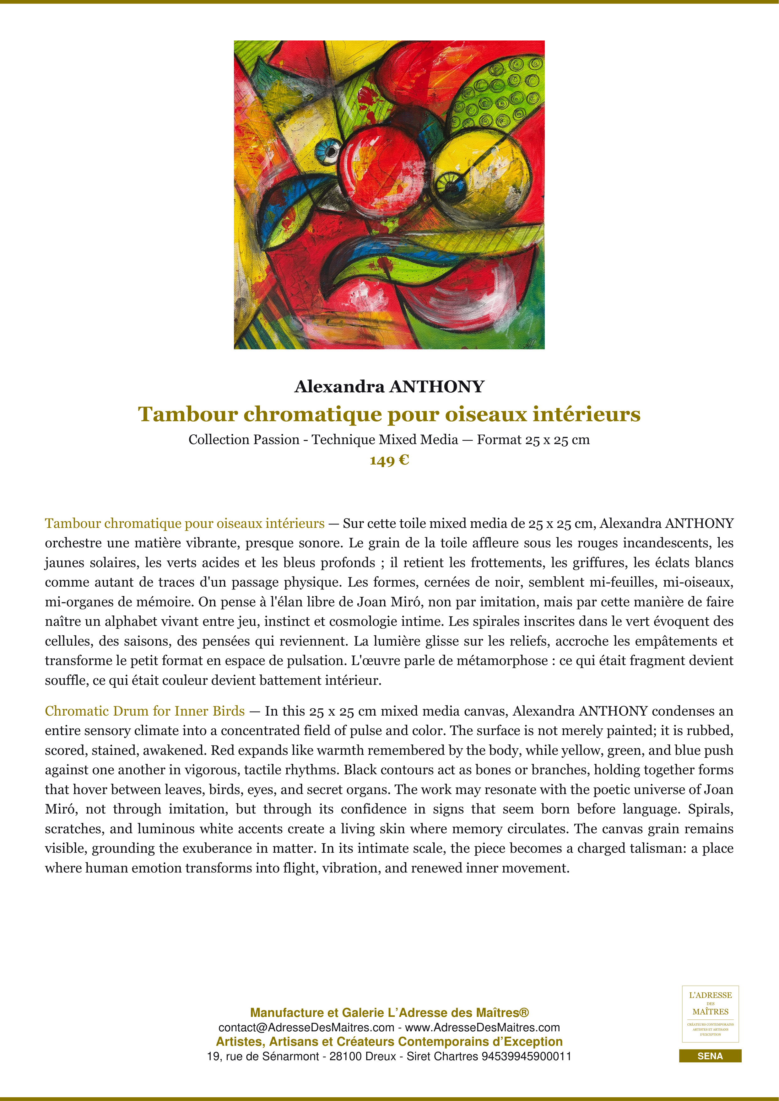 Fiche Premium — Tambour chromatique pour oiseaux intérieurs — Alexandra ANTHONY — L'Adresse des Maîtres®