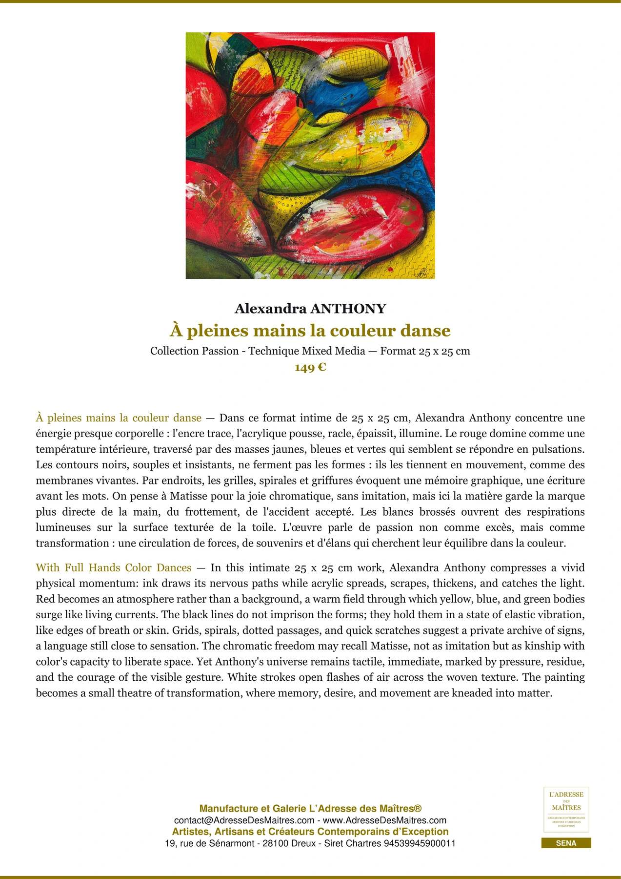 Fiche Premium - À pleines mains la couleur danse - Alexandra ANTHONY - L'Adresse des Maîtres®