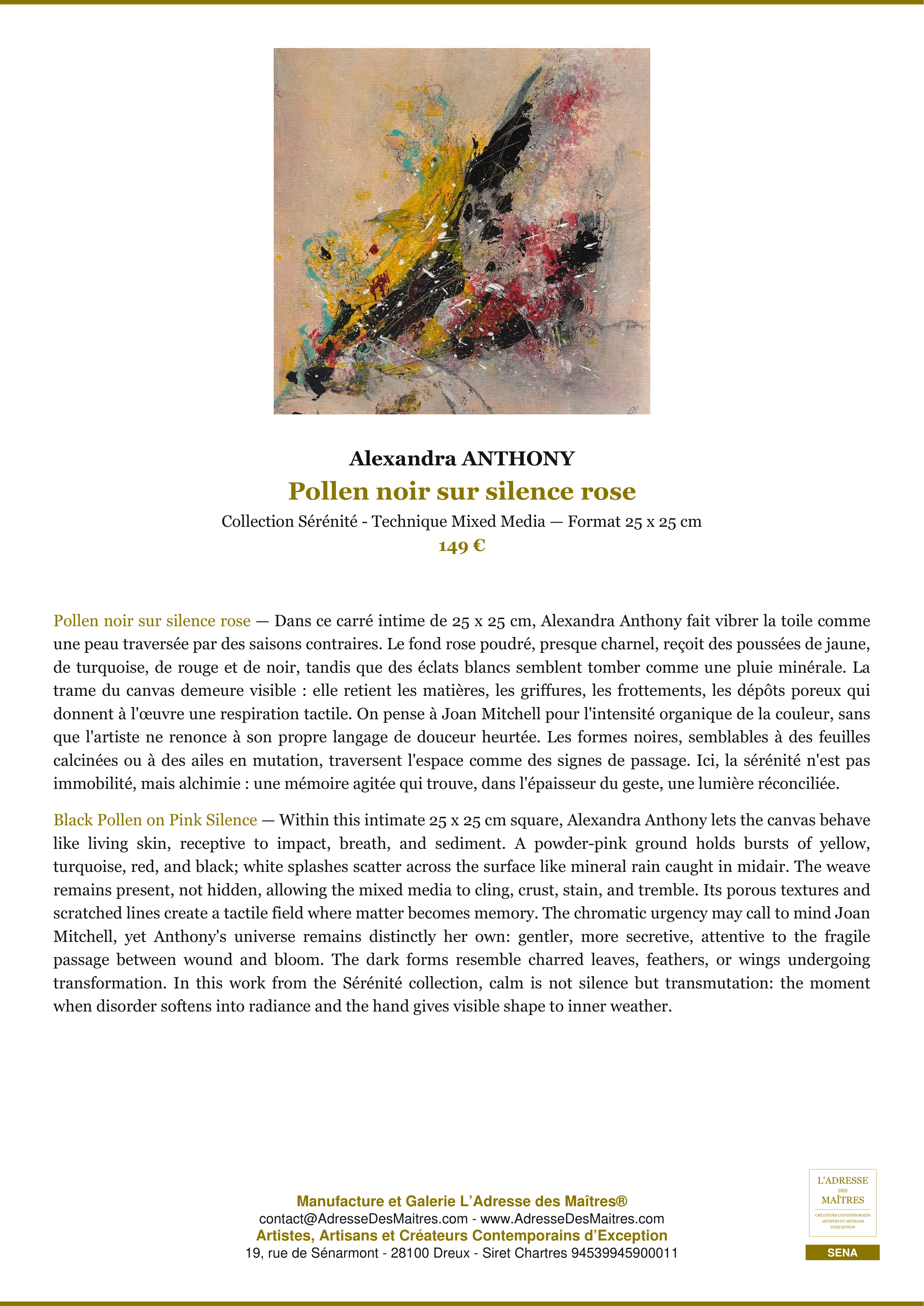 Fiche Premium — Pollen noir sur silence rose — Alexandra ANTHONY — L'Adresse des Maîtres®