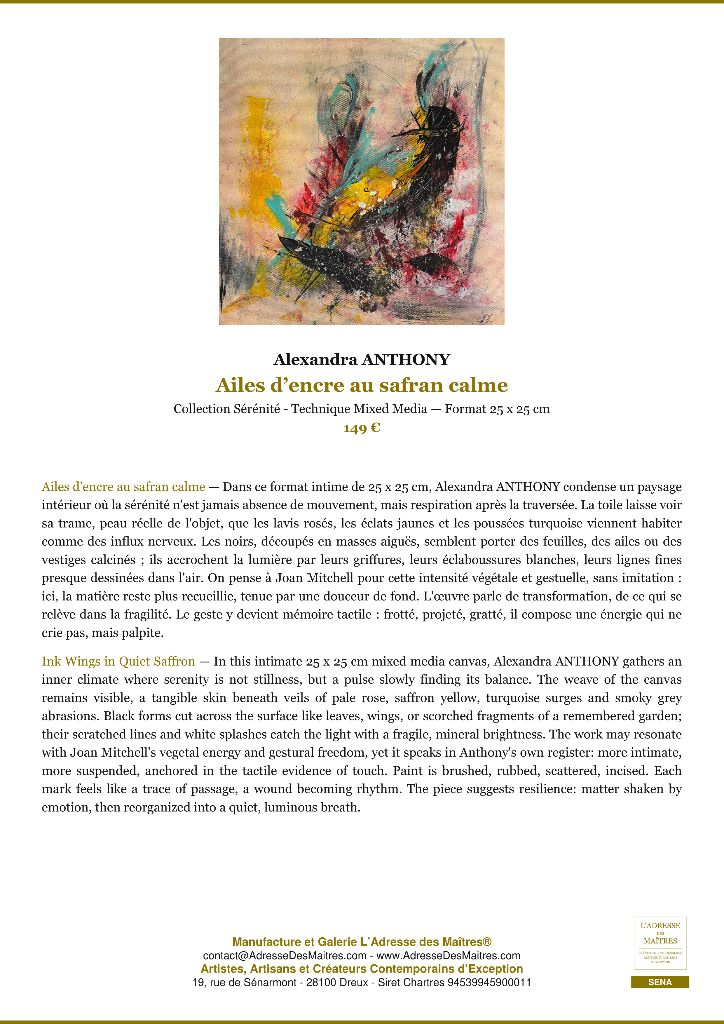 Fiche Premium — Ailes d’encre au safran calme — Alexandra ANTHONY — L'Adresse des Maîtres®