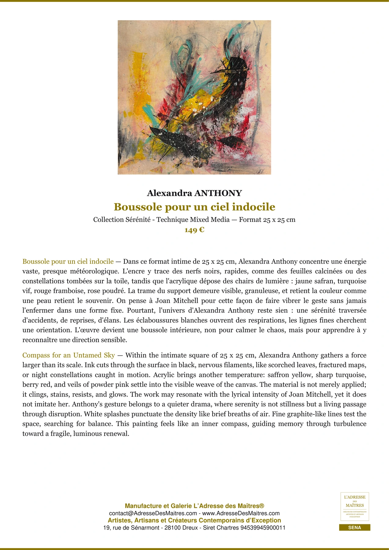 Fiche Premium - Boussole pour un ciel indocile - Alexandra ANTHONY - L'Adresse des Maîtres®