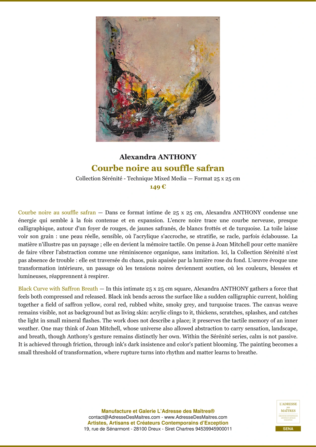 Fiche Premium - Courbe noire au souffle safran - Alexandra ANTHONY - L'Adresse des Maîtres®