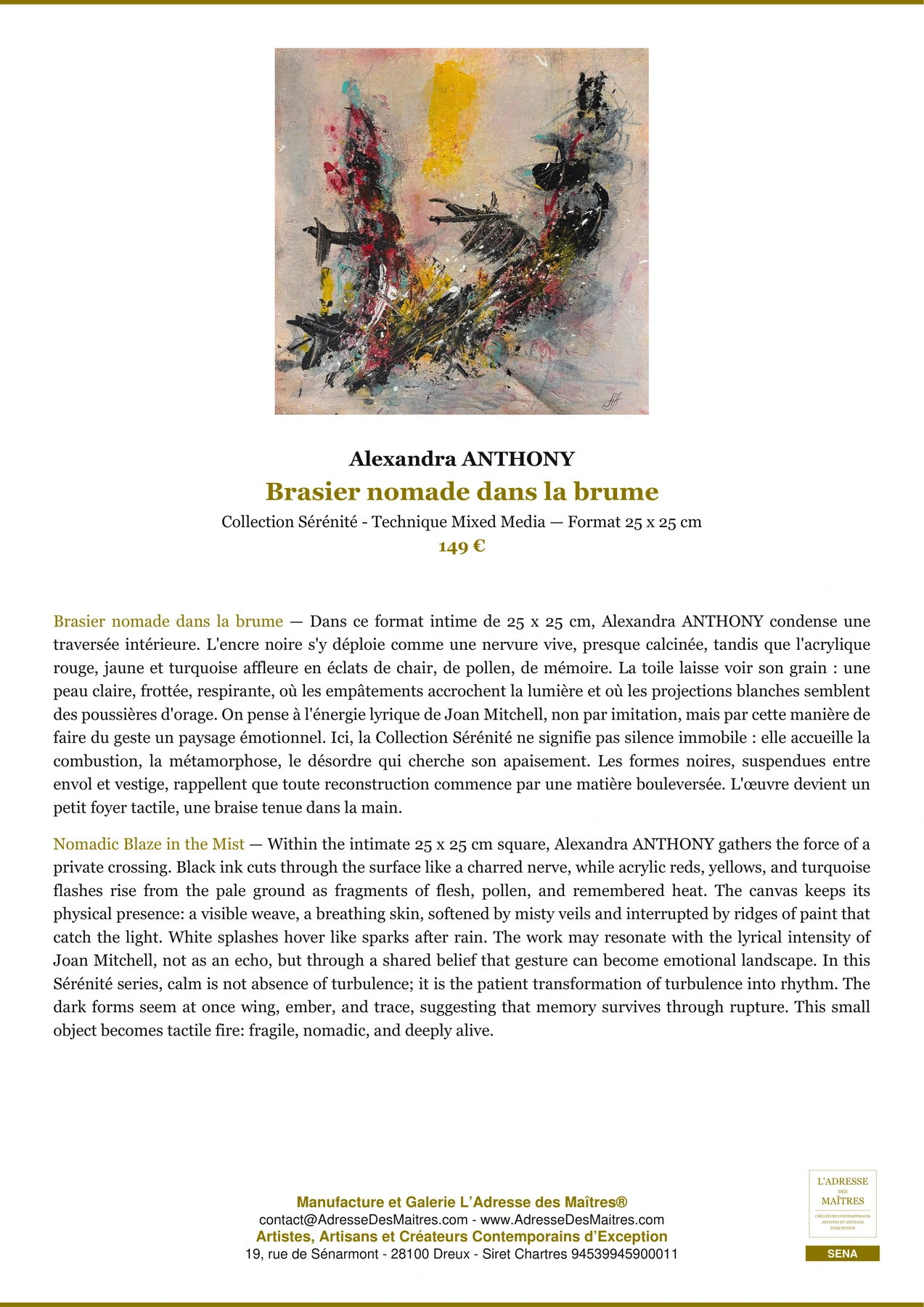 Fiche Premium - Brasier nomade dans la brume - Alexandra ANTHONY - L'Adresse des Maîtres®