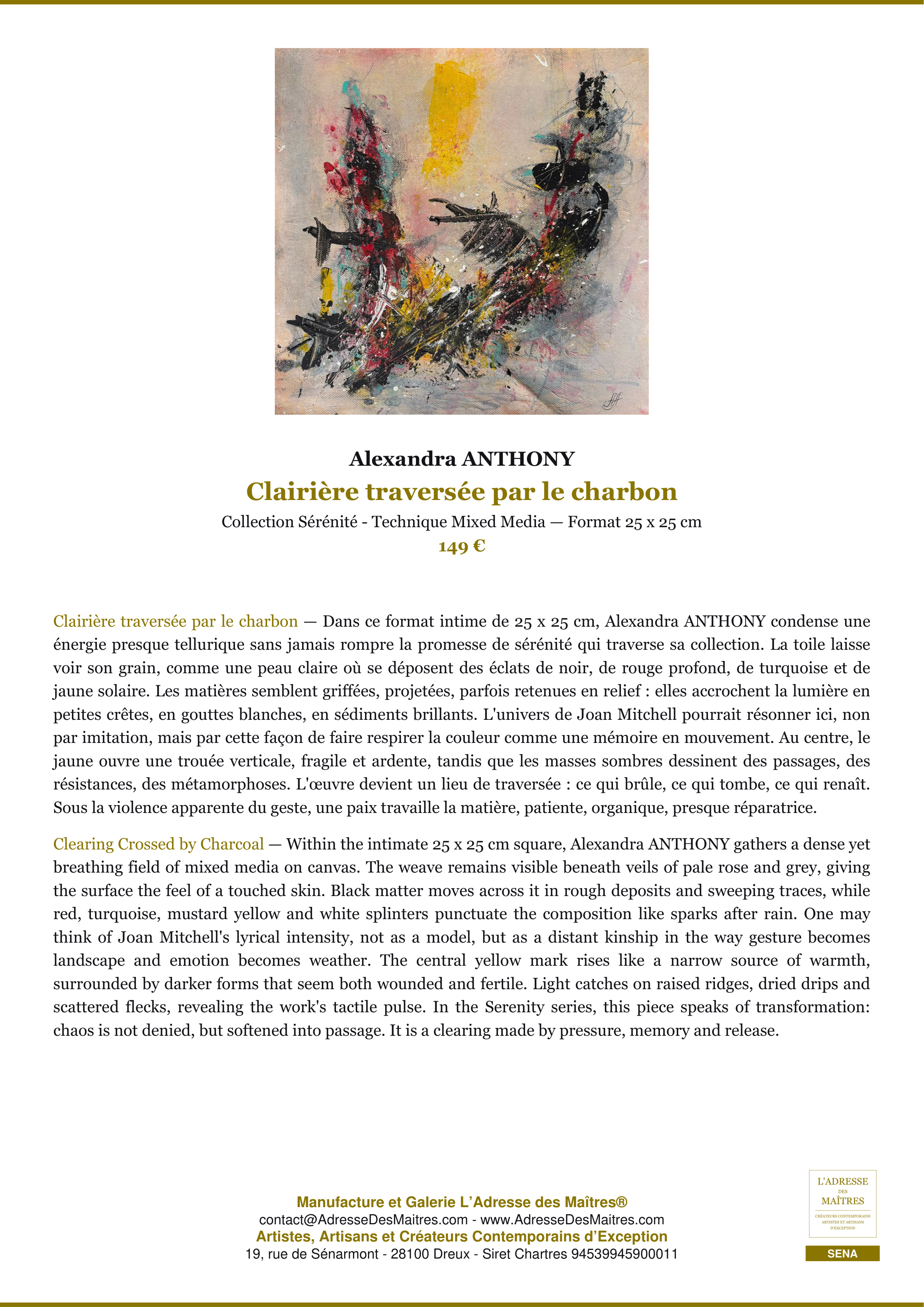 Fiche Premium — Clairière traversée par le charbon — Alexandra ANTHONY — L'Adresse des Maîtres®