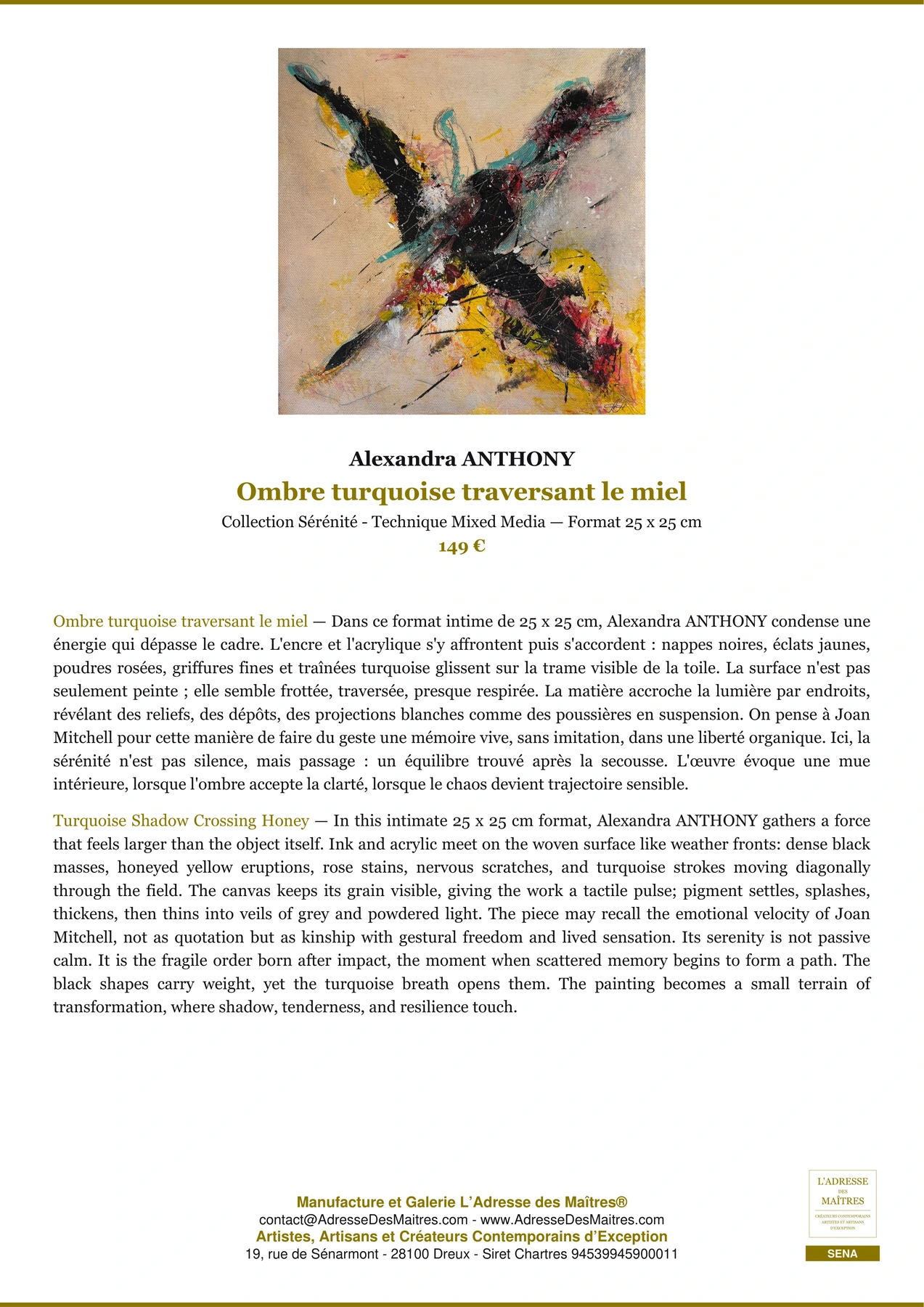 Fiche Premium - Ombre turquoise traversant le miel - Alexandra ANTHONY - L'Adresse des Maîtres®
