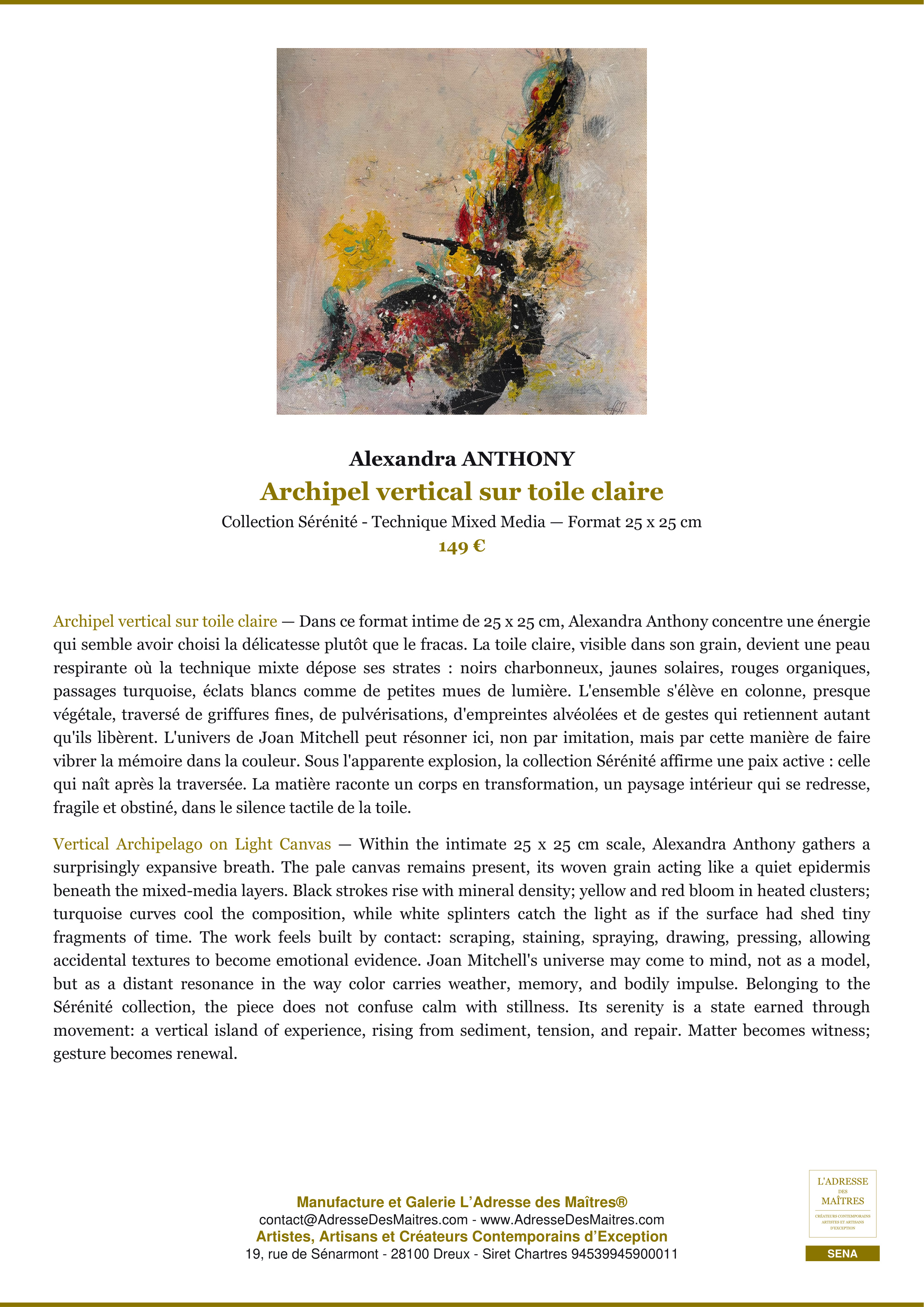 Fiche Premium — Archipel vertical sur toile claire — Alexandra ANTHONY — L'Adresse des Maîtres®