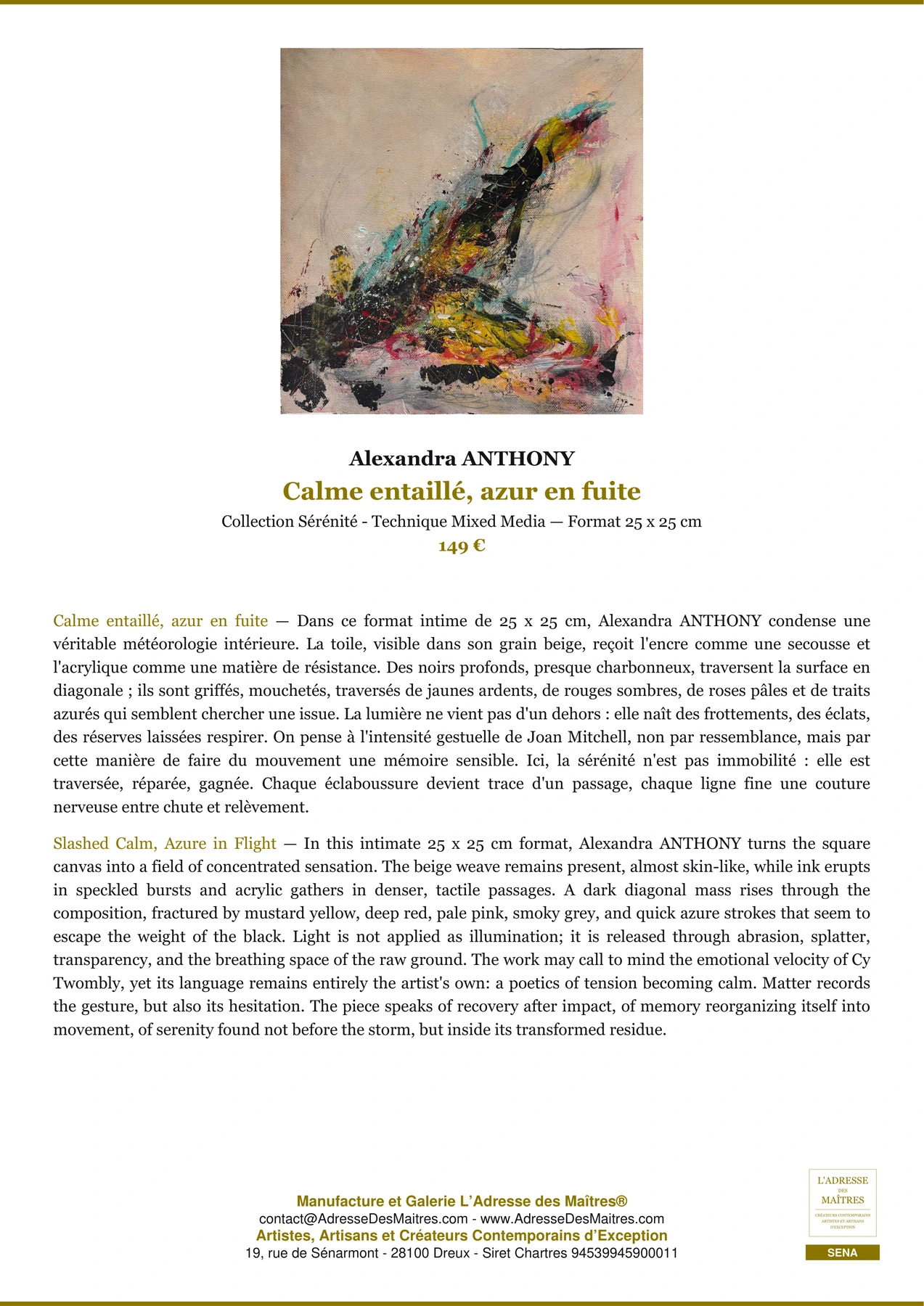 Fiche Premium - Calme entaillé, azur en fuite - Alexandra ANTHONY - L'Adresse des Maîtres®