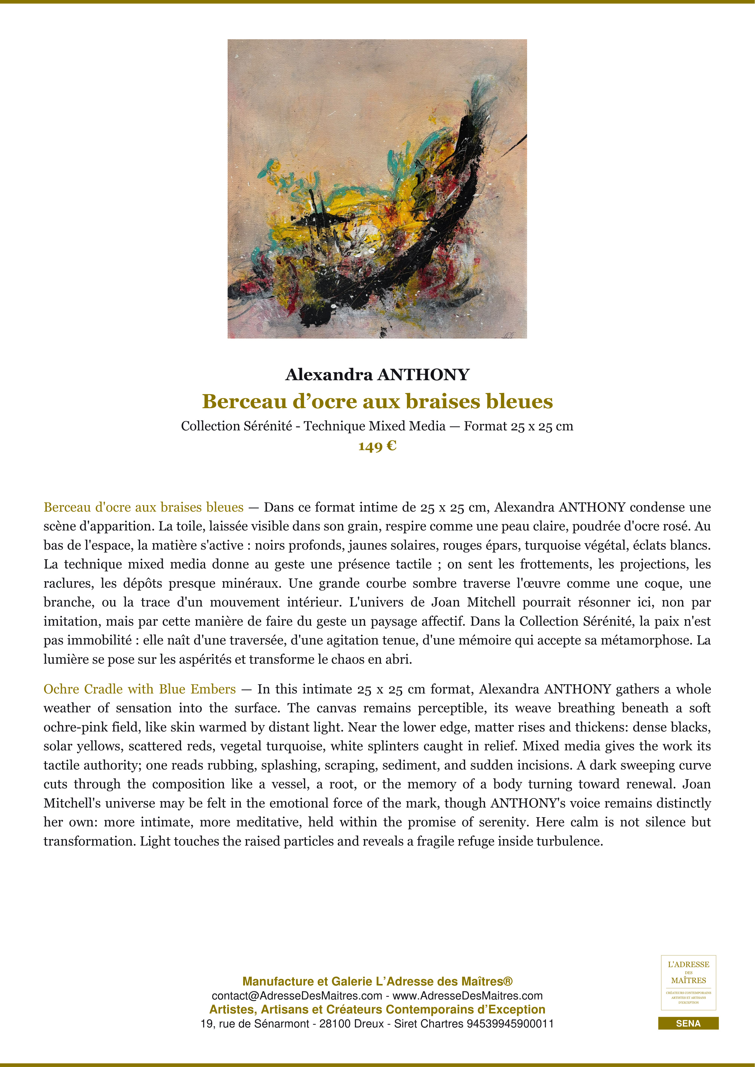 Fiche Premium — Berceau d’ocre aux braises bleues — Alexandra ANTHONY — L'Adresse des Maîtres®
