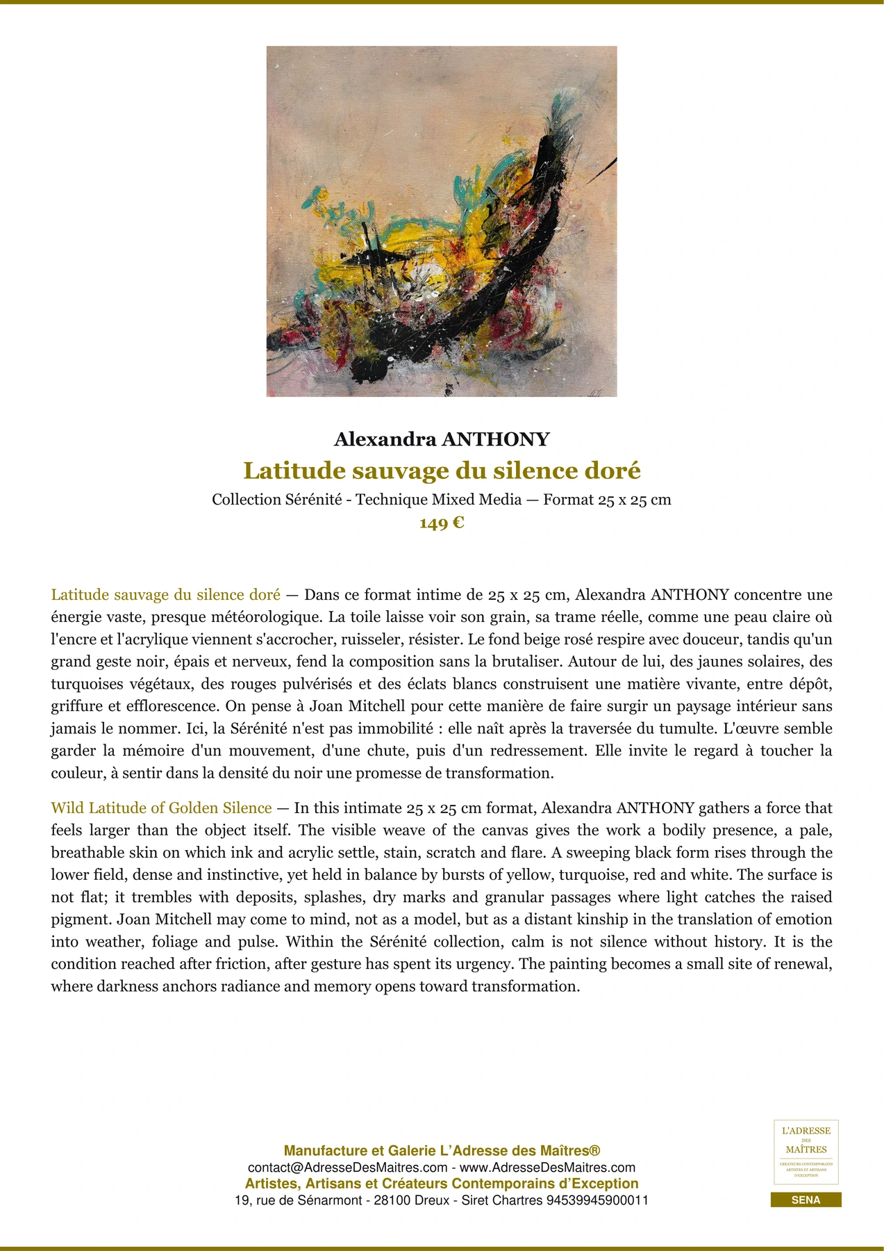 Fiche Premium - Latitude sauvage du silence doré - Alexandra ANTHONY - L'Adresse des Maîtres®