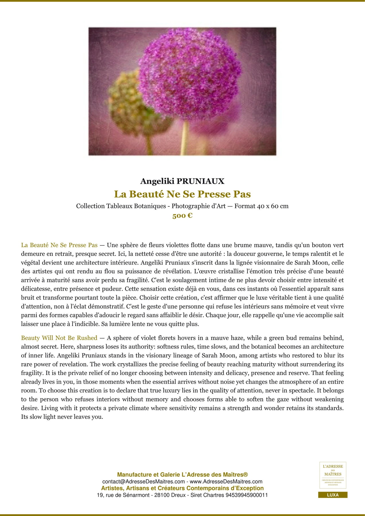 La Beauté Ne Se Presse Pas — Fiche Premium, Collection Tableaux Botaniques - Photographie d'Art 40 x 60 cm, Angeliki PRUNIAUX