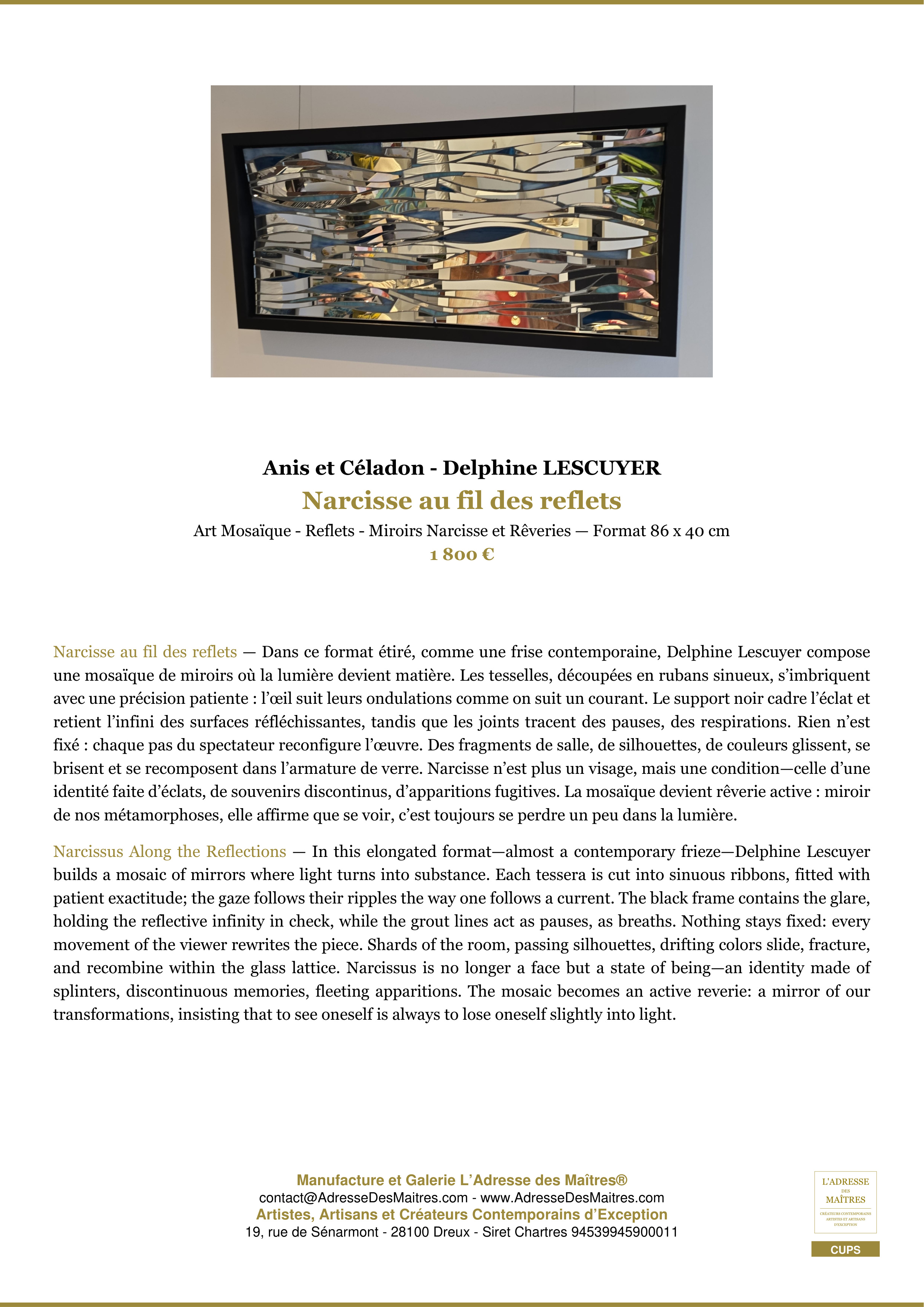 Fiche Premium — Narcisse au fil des reflets — Anis et Céladon - Delphine LESCUYER — L'Adresse des Maîtres®