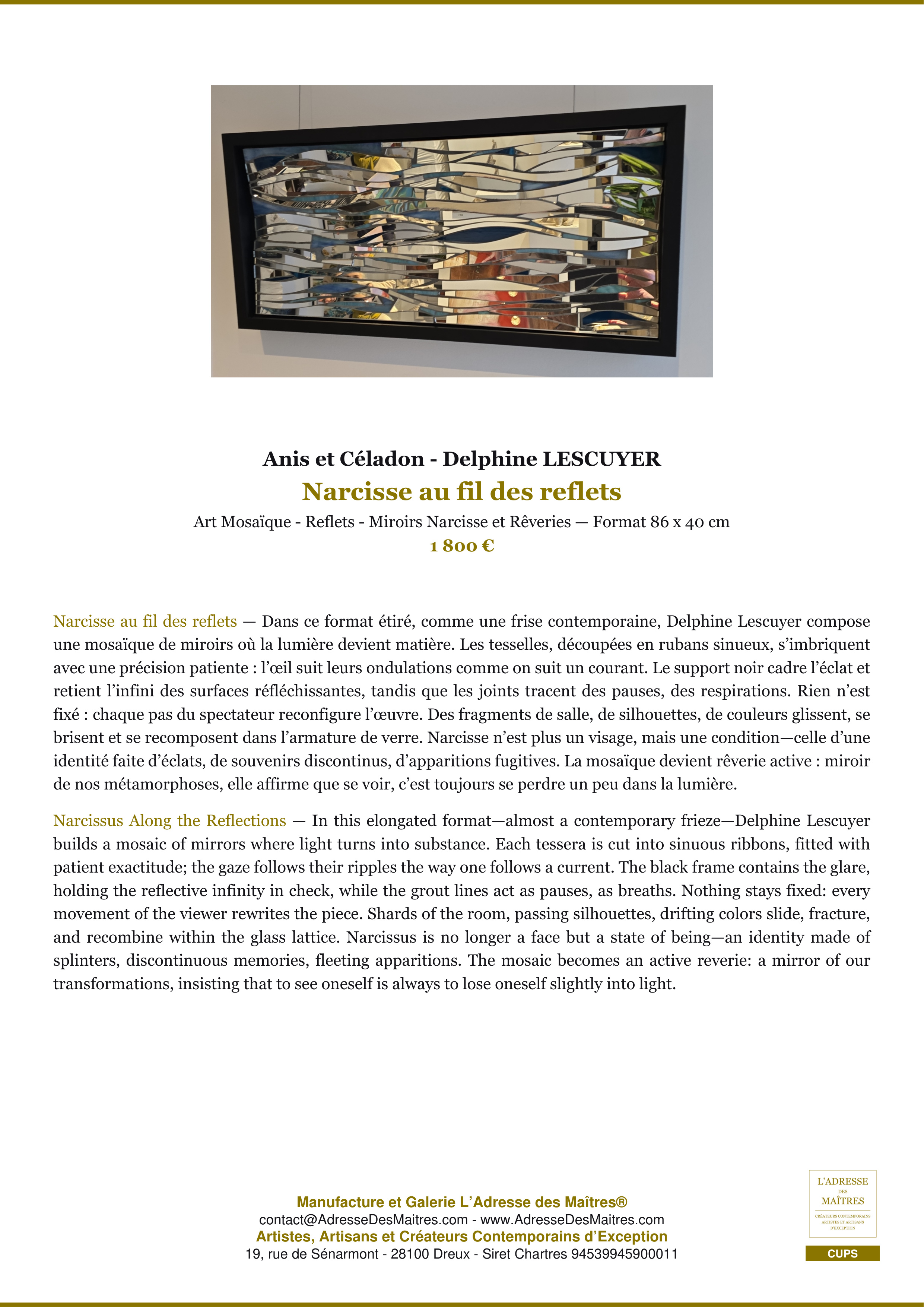 Fiche Premium — Narcisse au fil des reflets — Anis et Céladon - Delphine LESCUYER — L'Adresse des Maîtres®