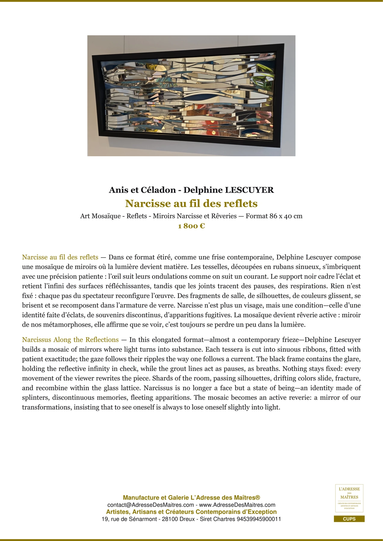 Fiche Premium - Narcisse au fil des reflets - Anis et Céladon - Delphine LESCUYER - L'Adresse des Maîtres®