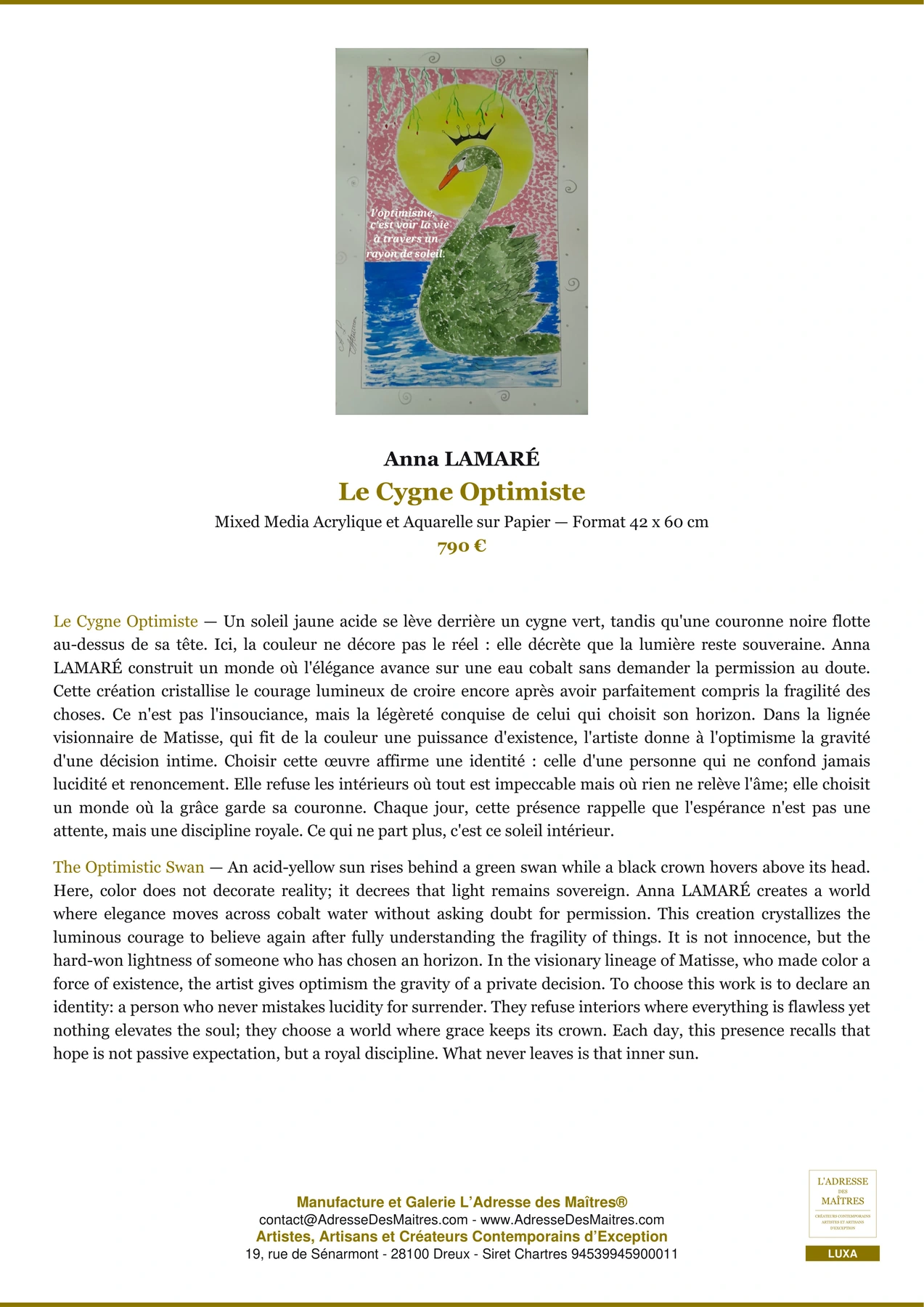 Fiche Premium - Le Cygne Optimiste - Anna LAMARÉ - L'Adresse des Maîtres®